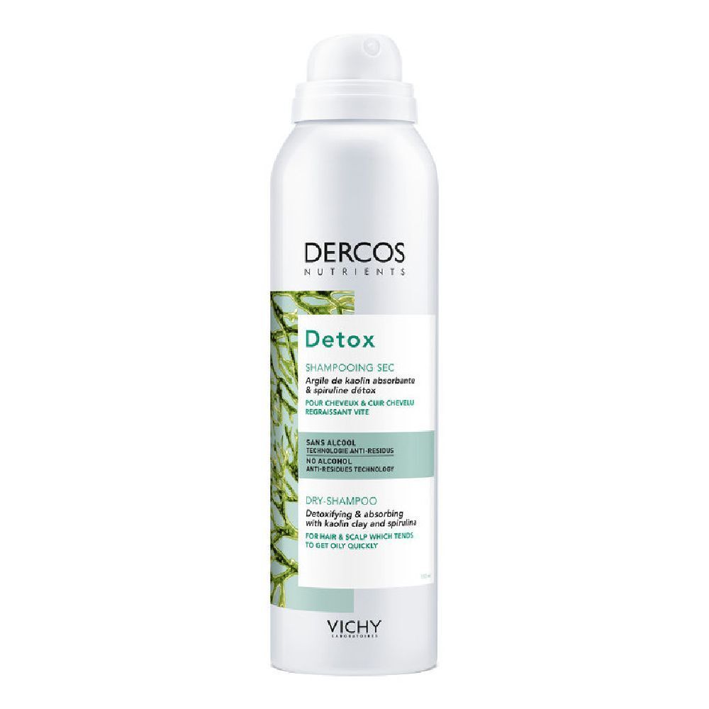 Spray bianco con etichetta verde. Scritto: Dercos Detox Shampoo Secco. Contiene argilla e spirulina. Di Vichy.