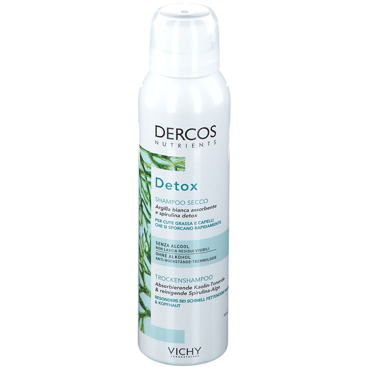 Spray bianco con etichetta verde. Scritto: Dercos Detox Shampoo Secco. Contiene argilla e spirulina. Di Vichy.