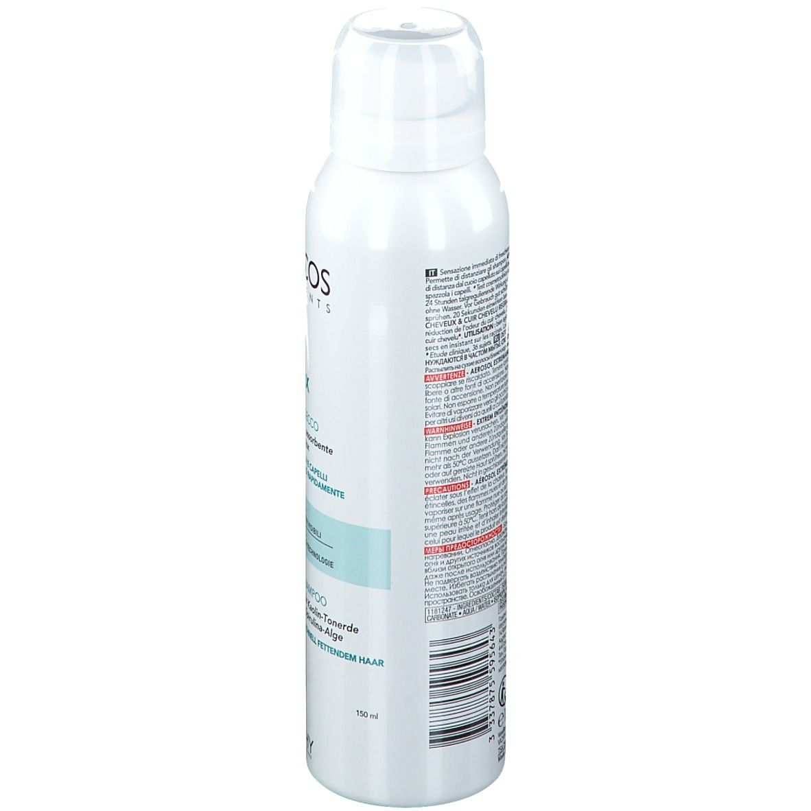 Spray bianco con testo. Scritto: Dercos Detox Shampoo Secco. Contiene informazioni e avvertenze. Di Vichy.