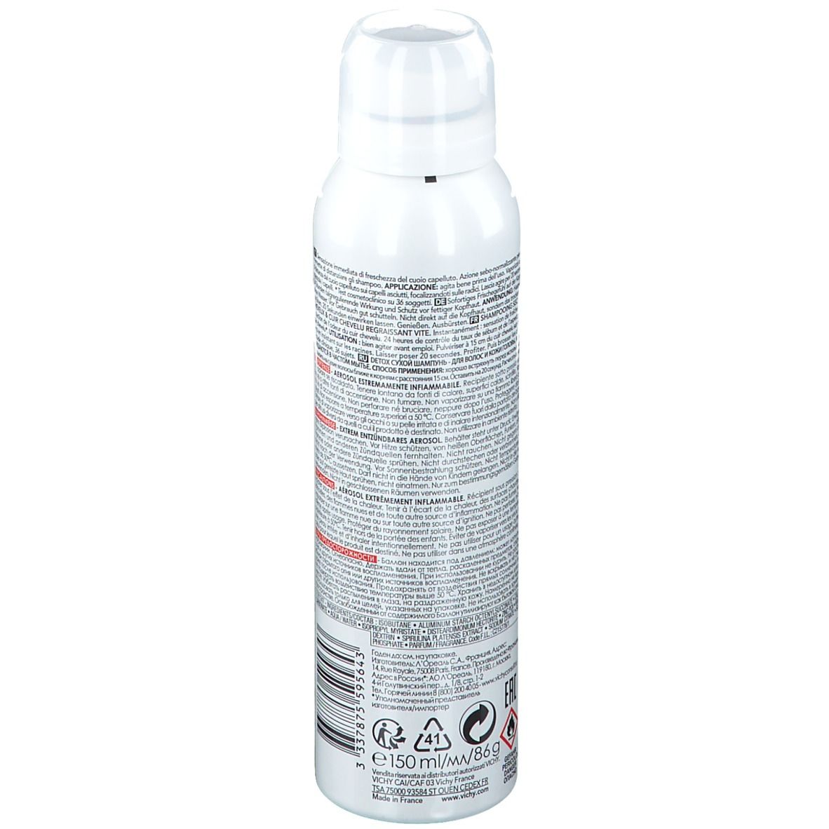 Spray bianco con testo. Scritto: Dercos Detox Shampoo Secco. Contiene informazioni e avvertenze. Di Vichy.
