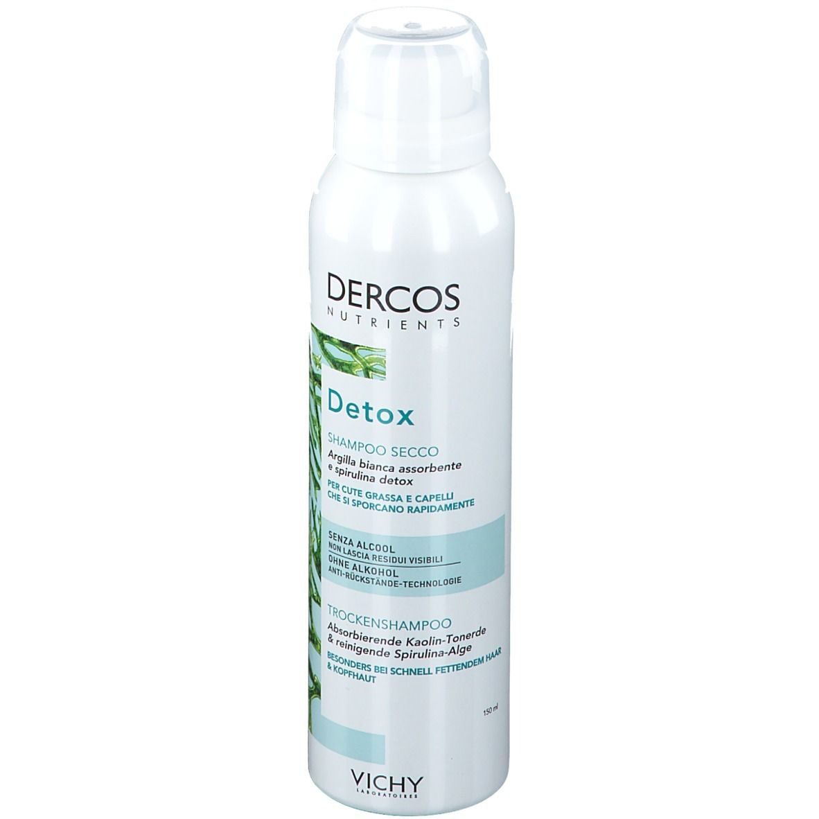 Spray bianco con etichetta verde. Scritto: Dercos Detox Shampoo Secco. Contiene argilla e spirulina. Di Vichy.