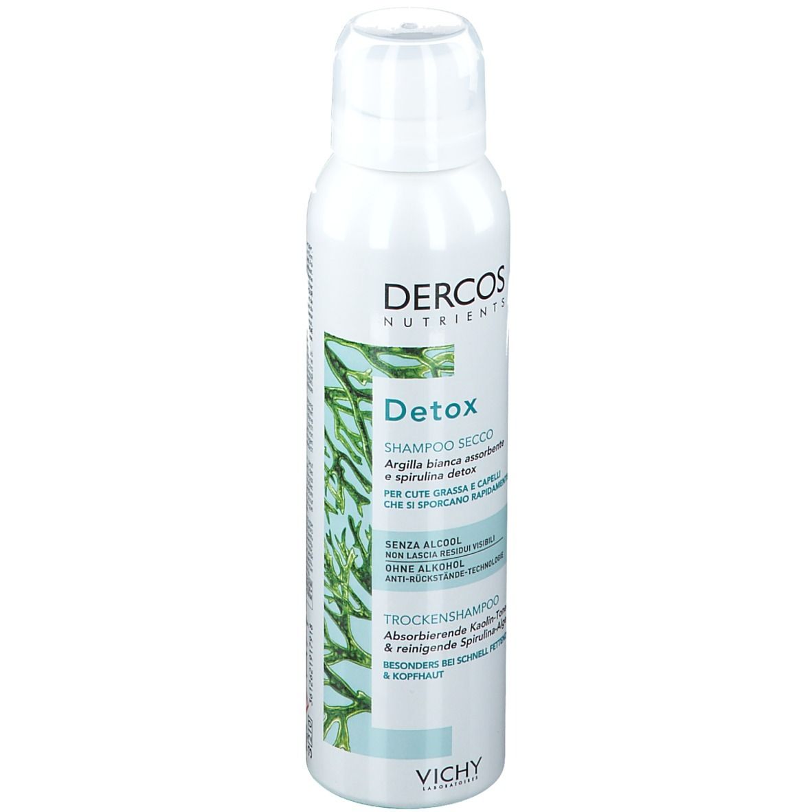 Spray bianco con etichetta verde. Scritto: Dercos Detox Shampoo Secco. Contiene argilla e spirulina. Di Vichy.
