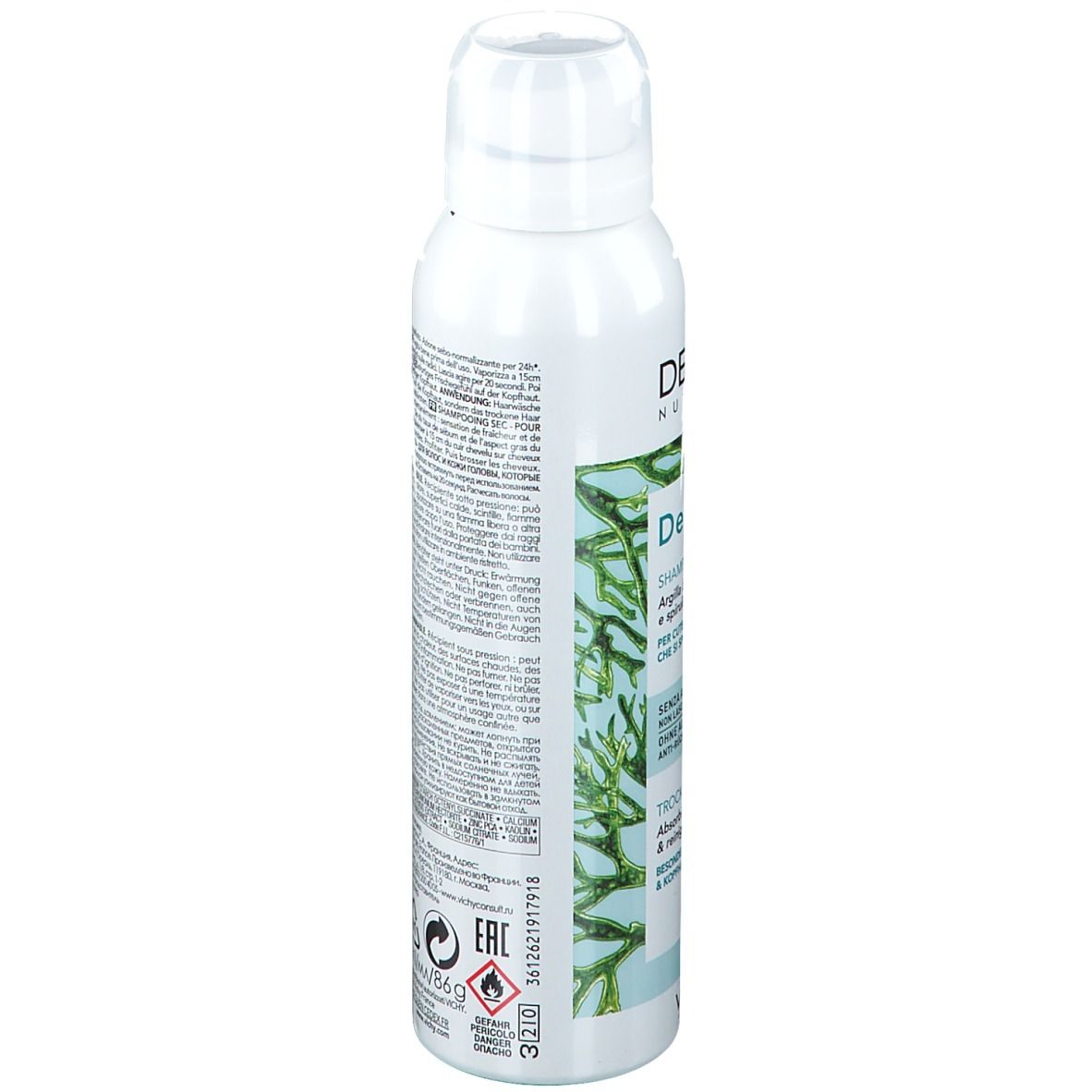 Spray bianco con testo. Scritto: Dercos Detox Shampoo Secco. Contiene informazioni e avvertenze. Di Vichy.