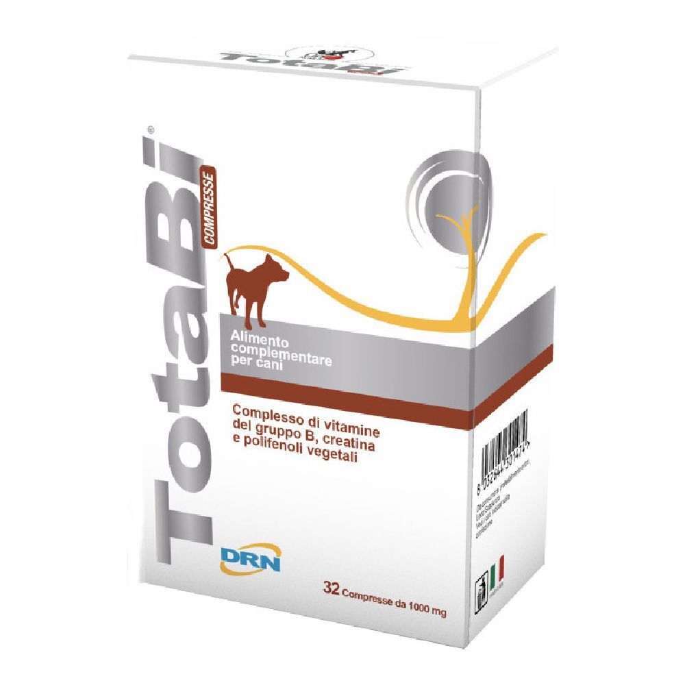 Scatola bianca TotaBi. Contiene 32 compresse. Scritta: Alimento complementare per cani. Con vitamina B, creatina e polifenoli vegetali.