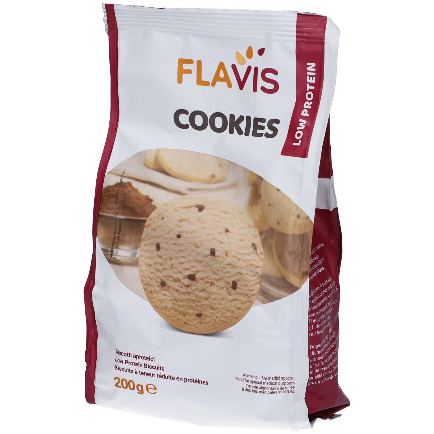 Tüte mit 'FLAVIS COOKIES LOW PROTEIN'. Weiße Tüte mit Keksen und Produktinformationen.