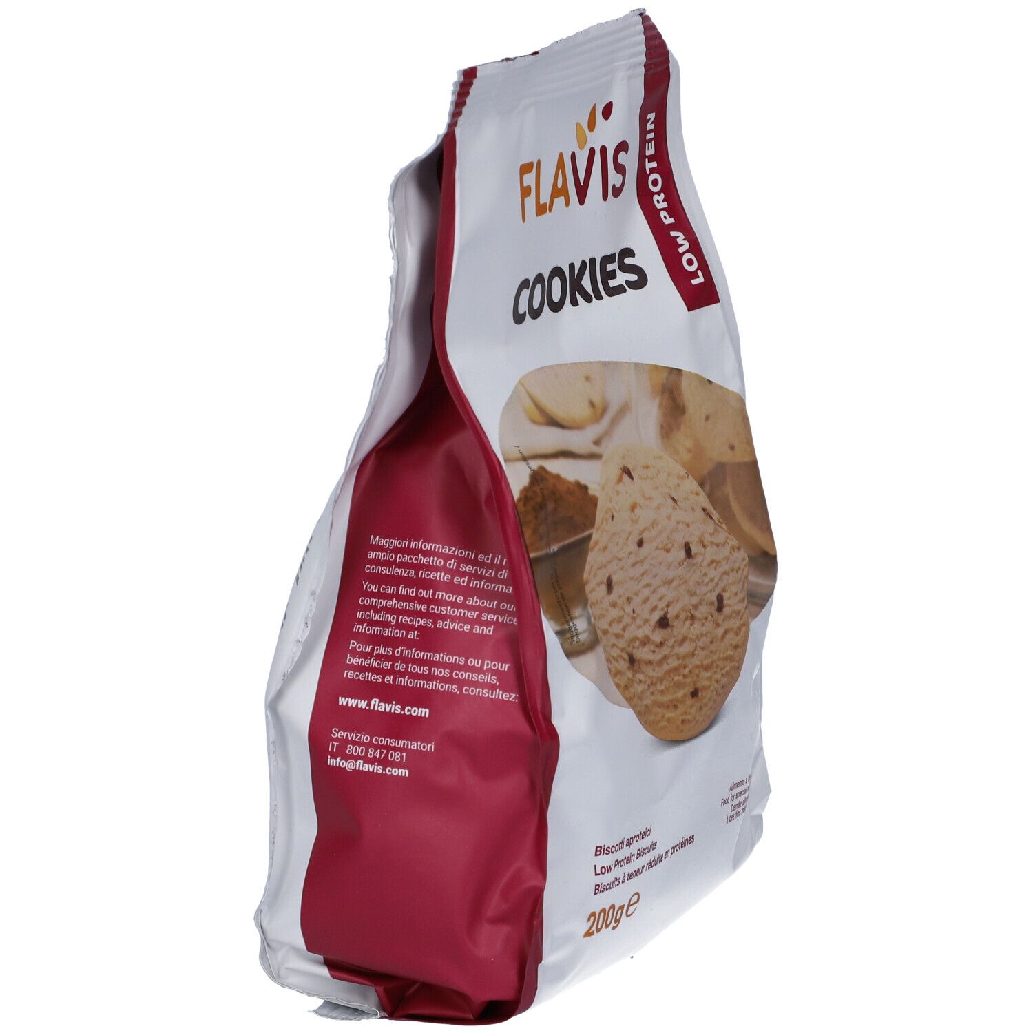 Tüte mit Keksen, Marke: FLAVIS. 'LOW PROTEIN COOKIES'. Enthält 200g.