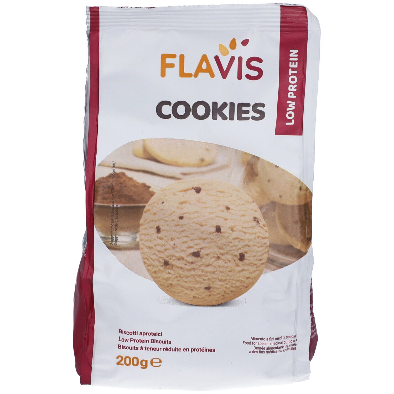 Flavis Cookies Low Protein Kekse, 200g Beutel mit Keksen und Kakaopulver.