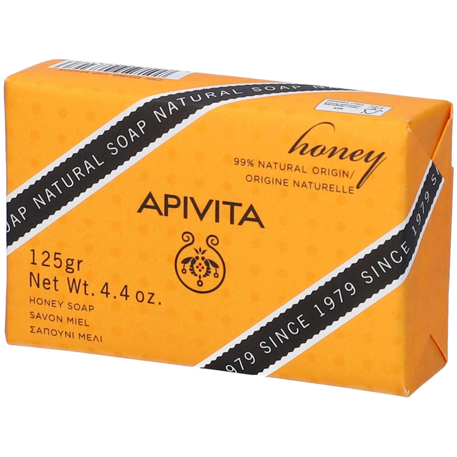 Sapone arancione con 'Apivita' e testo. 125g, sapone al miele. Strisce diagonali con testo.