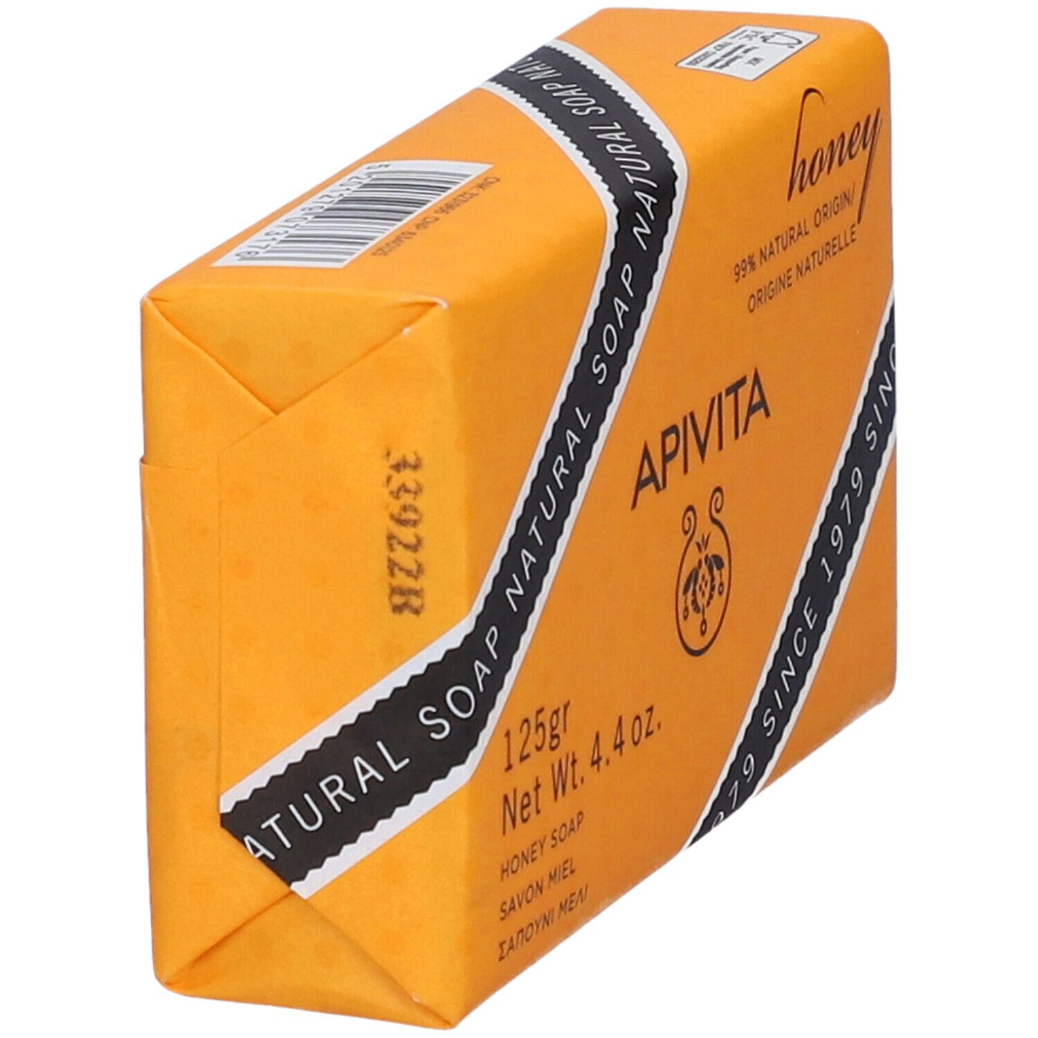 Sapone in confezione, obliquo. Arancione con testo e 'Apivita'. 125g, sapone al miele.