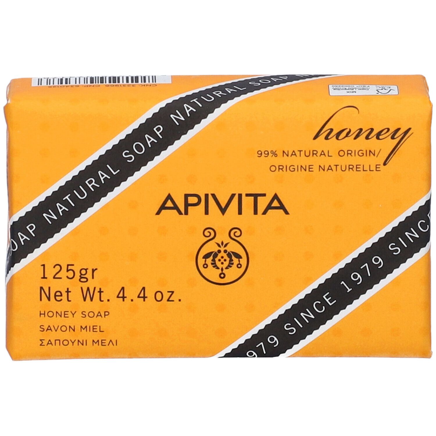 Sapone arancione con 'Apivita' e testo. 125g, sapone al miele. Strisce diagonali con testo.