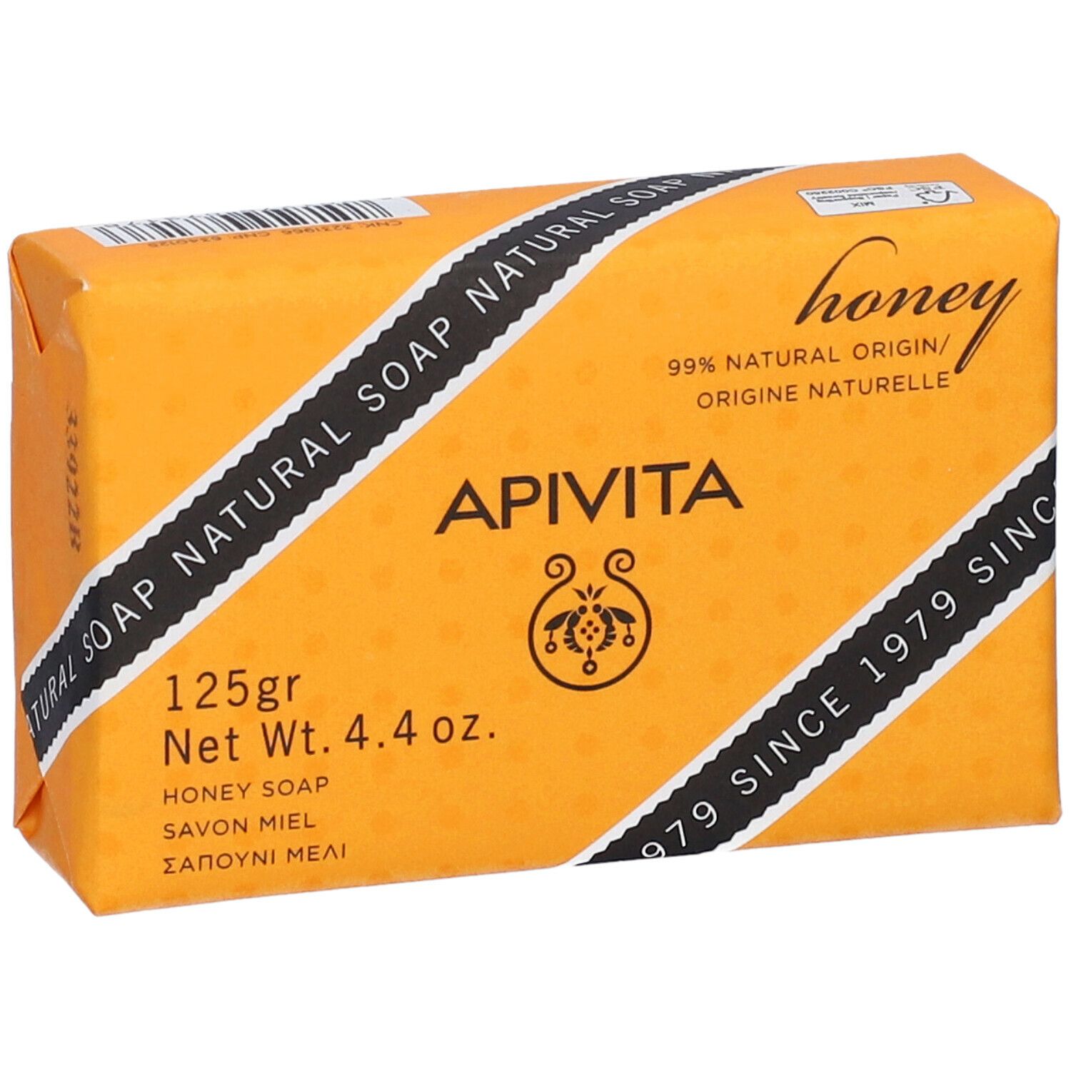 Sapone arancione con 'Apivita' e testo. 125g, sapone al miele. Strisce diagonali con testo.