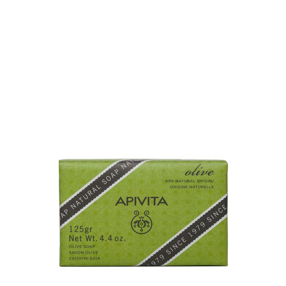 Sapone verde confezionato. Marchio Apivita. Peso 125g. Scritta: Olive, 99% origine naturale.