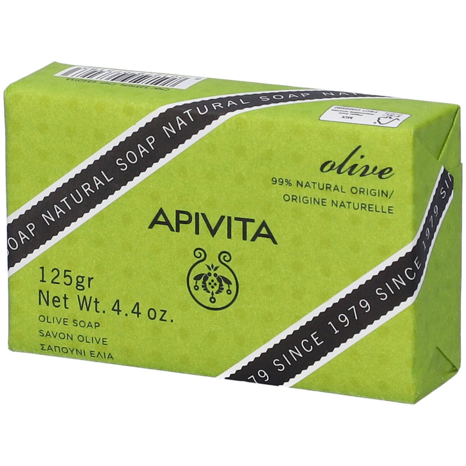 Confezione di sapone verde. Marchio Apivita. Scritta: Olive, 99% origine naturale. Peso 125g.