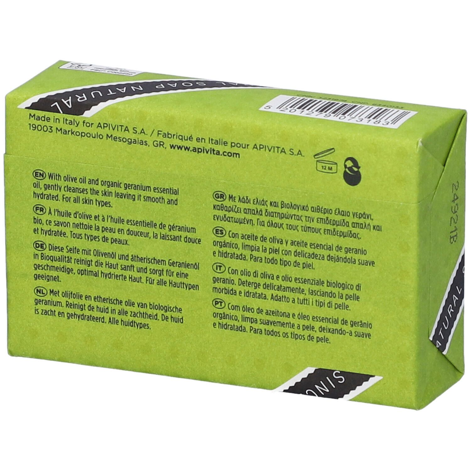 Retro della confezione del sapone. Testo multilingue. Informazioni del produttore.