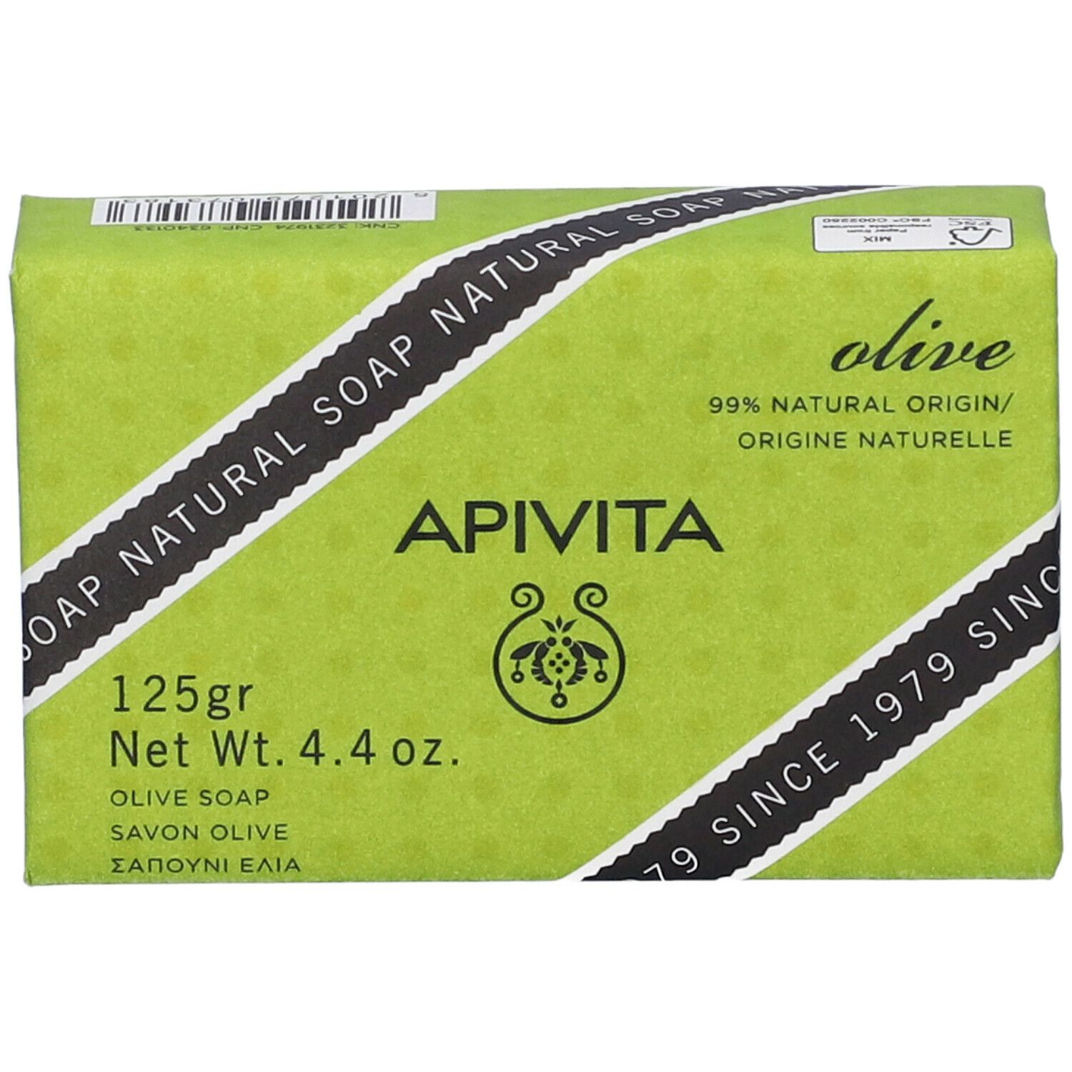 Confezione di sapone verde. Marchio Apivita. Scritta: Olive, 99% origine naturale. Peso 125g.