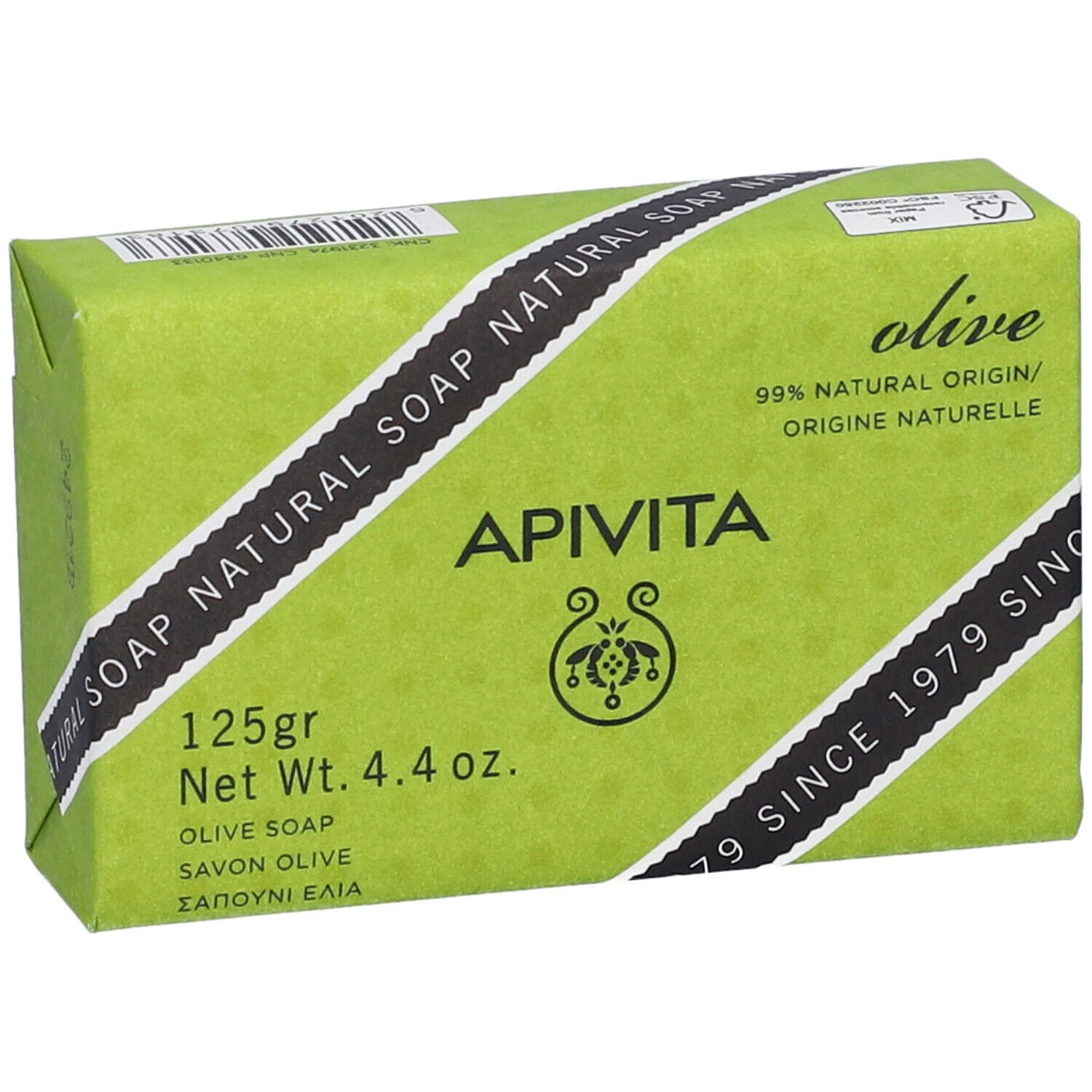 Confezione di sapone verde. Marchio Apivita. Scritta: Olive, 99% origine naturale. Peso 125g.
