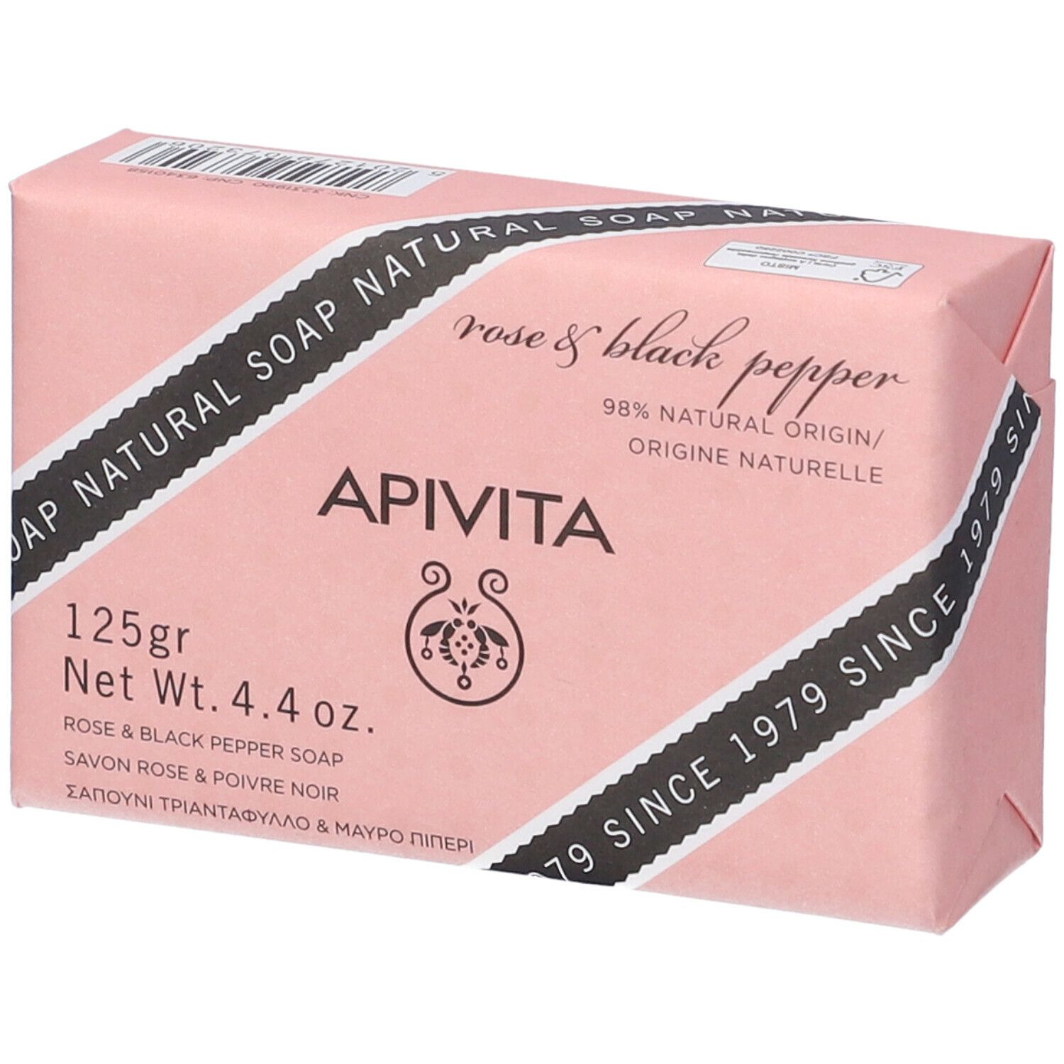 Sapone rosa e pepe nero Apivita. Confezione rosa. 125g. Dal 1979.