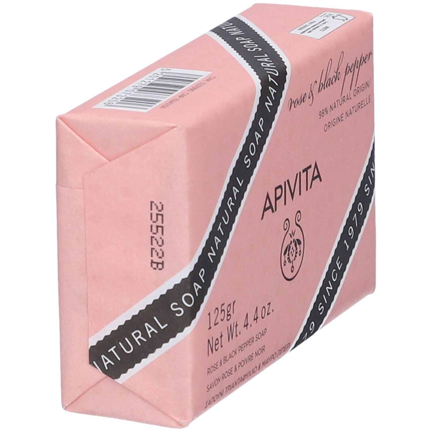 Confezione rosa del sapone Apivita. Banda nera diagonale. 125g. Dal 1979.