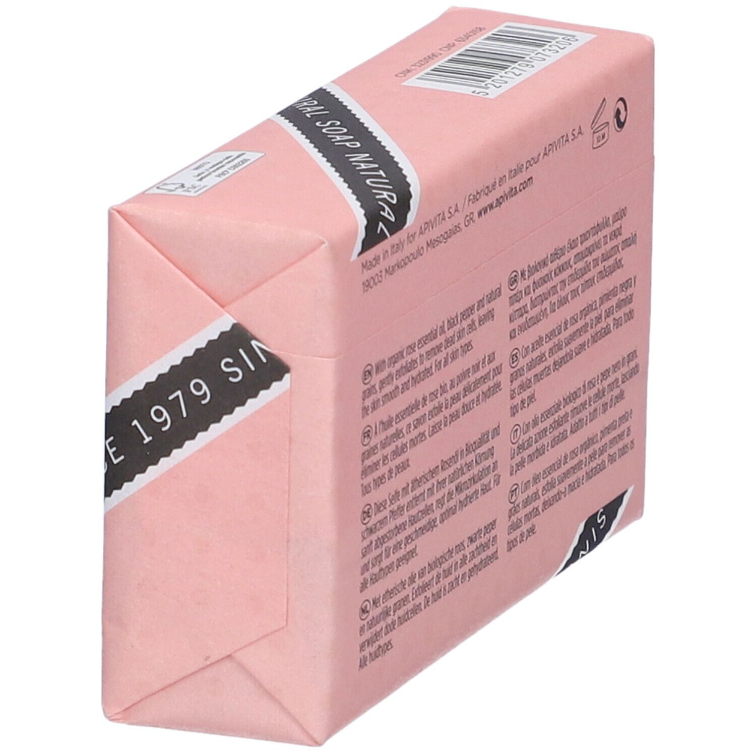 Confezione di sapone rosa con fascia nera. Marchio Apivita. Testo multilingue.