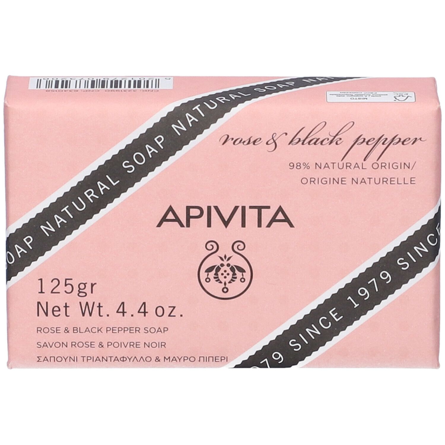 Confezione di sapone rosa con fascia nera. Marchio Apivita. 125g. Dal 1979.