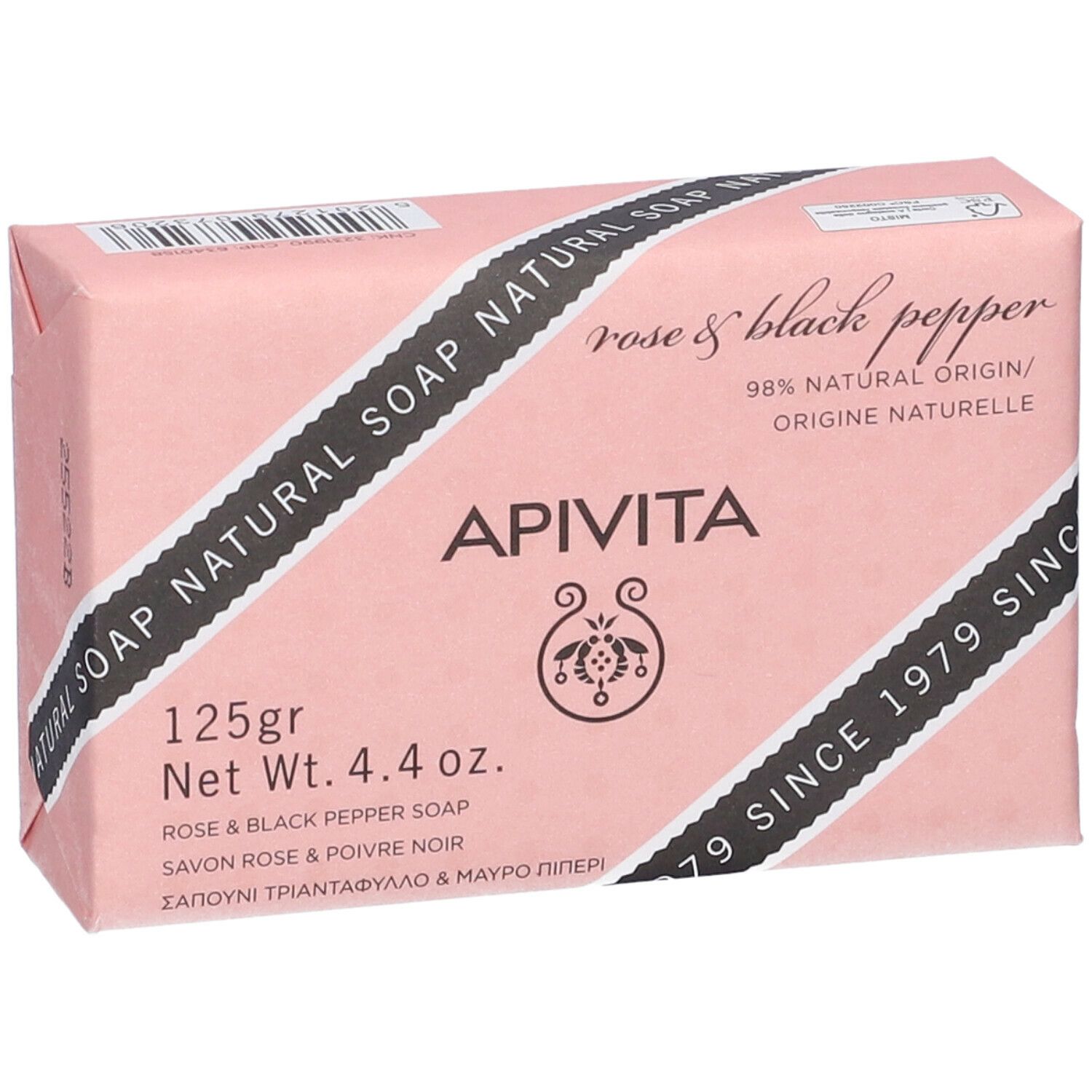 Confezione di sapone rosa con fascia nera. Marchio Apivita. 125g. Dal 1979.