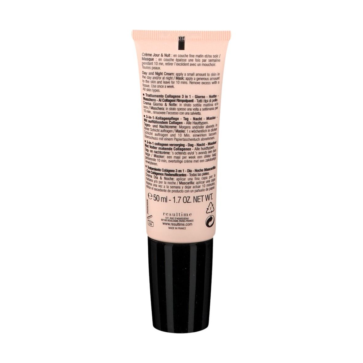 Dos du tube. Texte multilingue. Inscription Resultime Paris. Contenu: 50 ml.