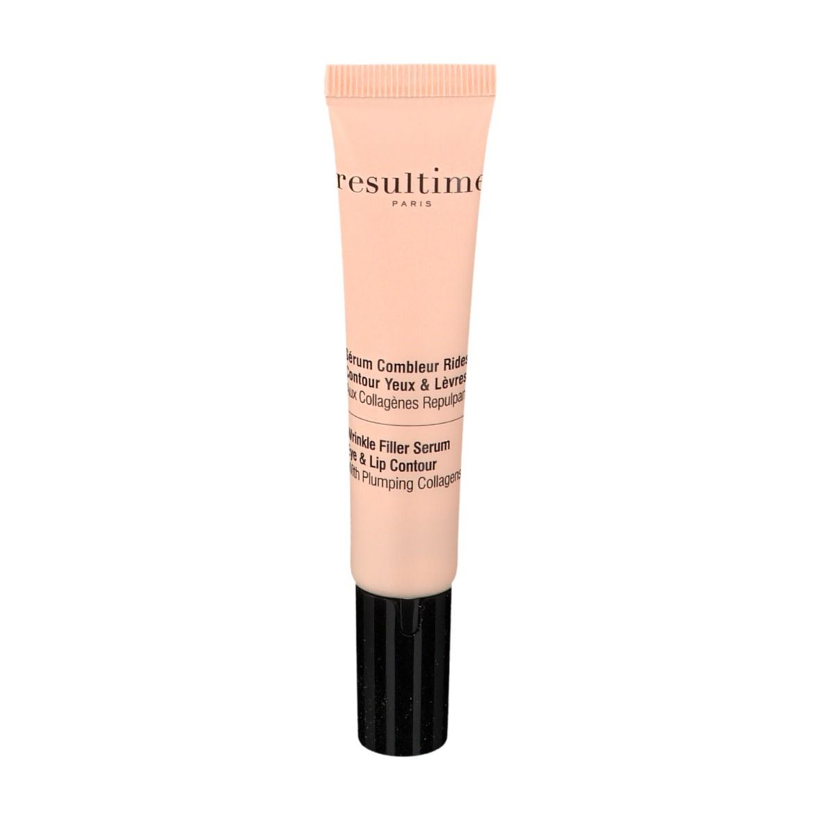 Rosa Tube mit schwarzem Verschluss. Aufschrift: resultime PARIS, Serum Combleur Rides Contour Yeux & Lèvres, Wrinkle Filler Serum.
