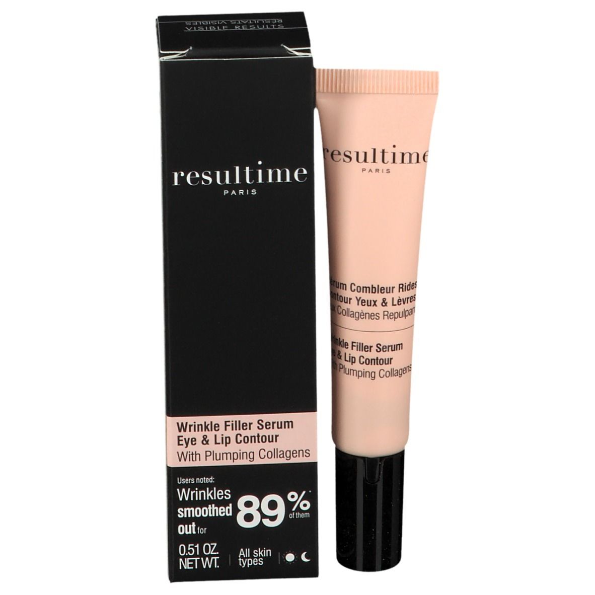 Schwarzer Karton mit rosa Tube. Aufschrift: resultime PARIS, Wrinkle Filler Serum Eye & Lip Contour, 0.51 OZ NET WT.