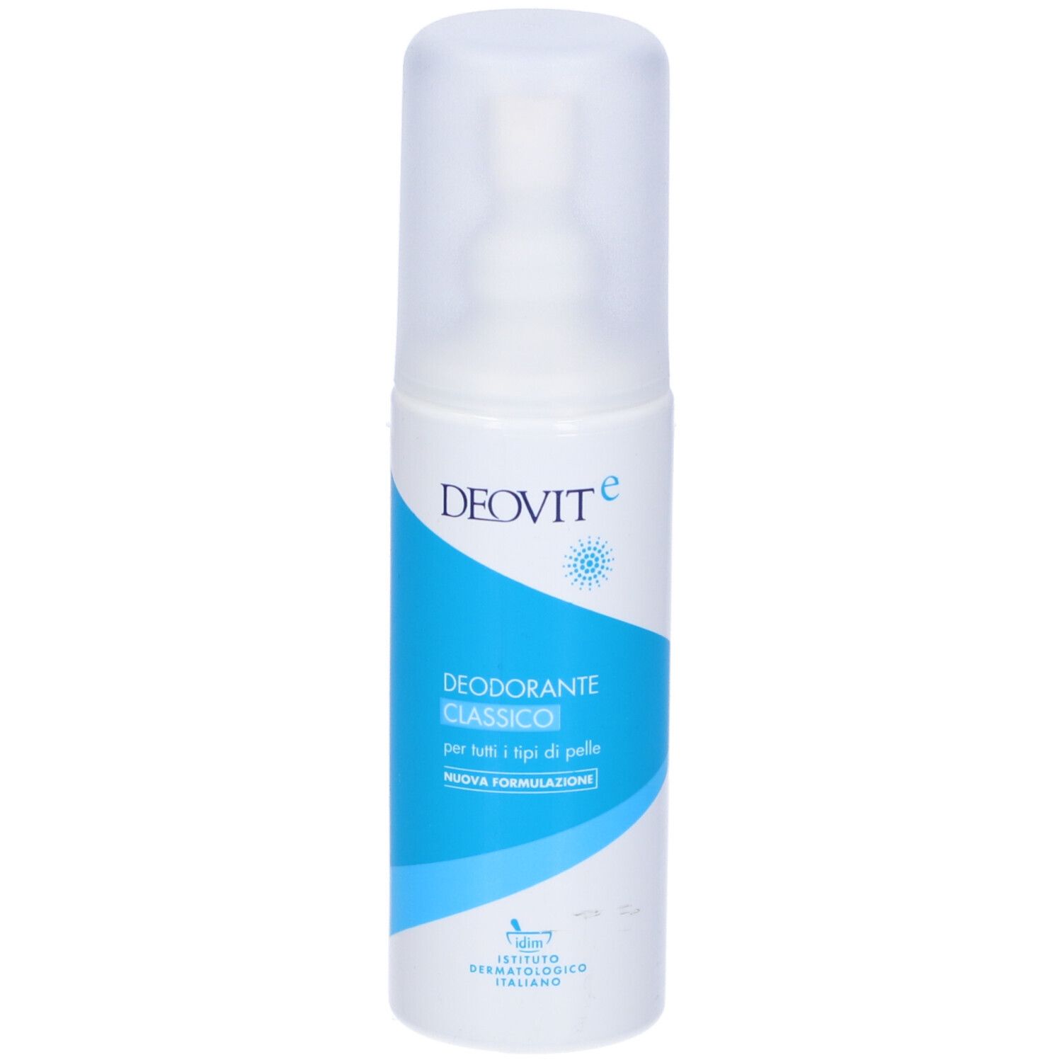 DeoVit Deodorante Classico. Flacone bianco con etichetta blu. Nome e logo visibili. Erogatore spray trasparente.