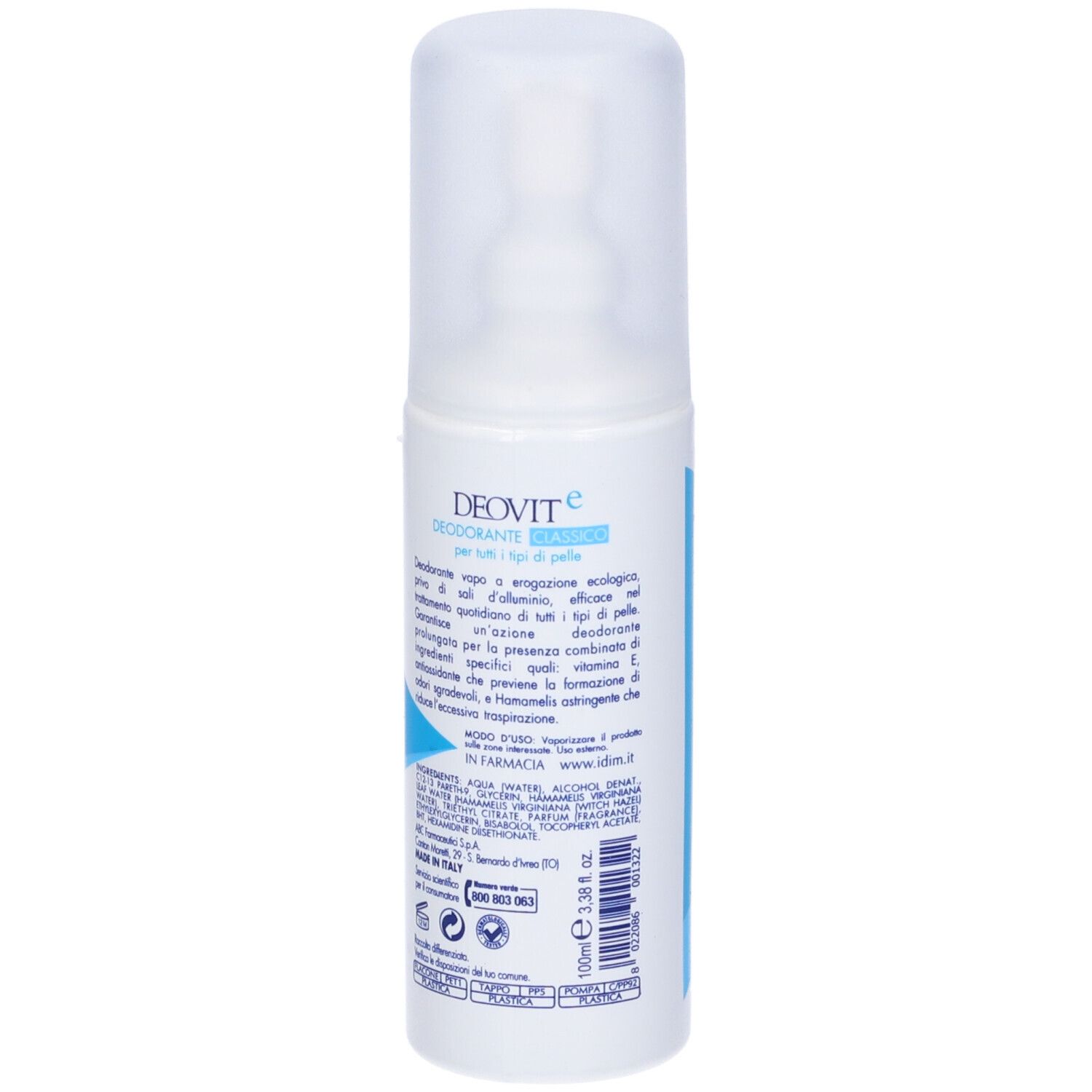 DeoVit Deodorante Classico. Flacone bianco con etichetta blu. Nome e logo visibili. Retro con testo.