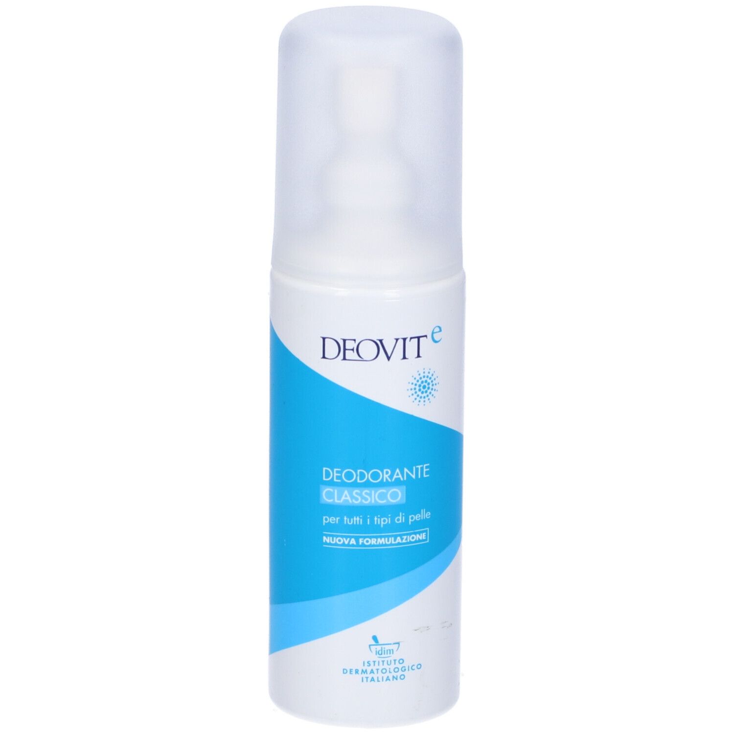 DeoVit Deodorante Classico. Flacone bianco con etichetta blu. Nome e logo visibili. Erogatore spray trasparente.