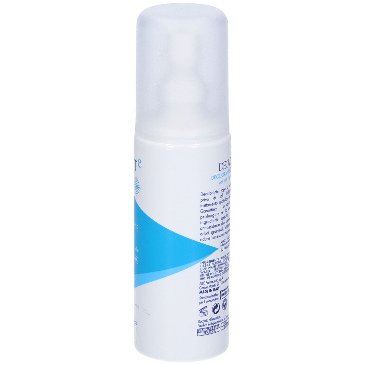DeoVit Deodorante Classico. Flacone bianco con etichetta blu. Nome e logo visibili. Retro con testo.