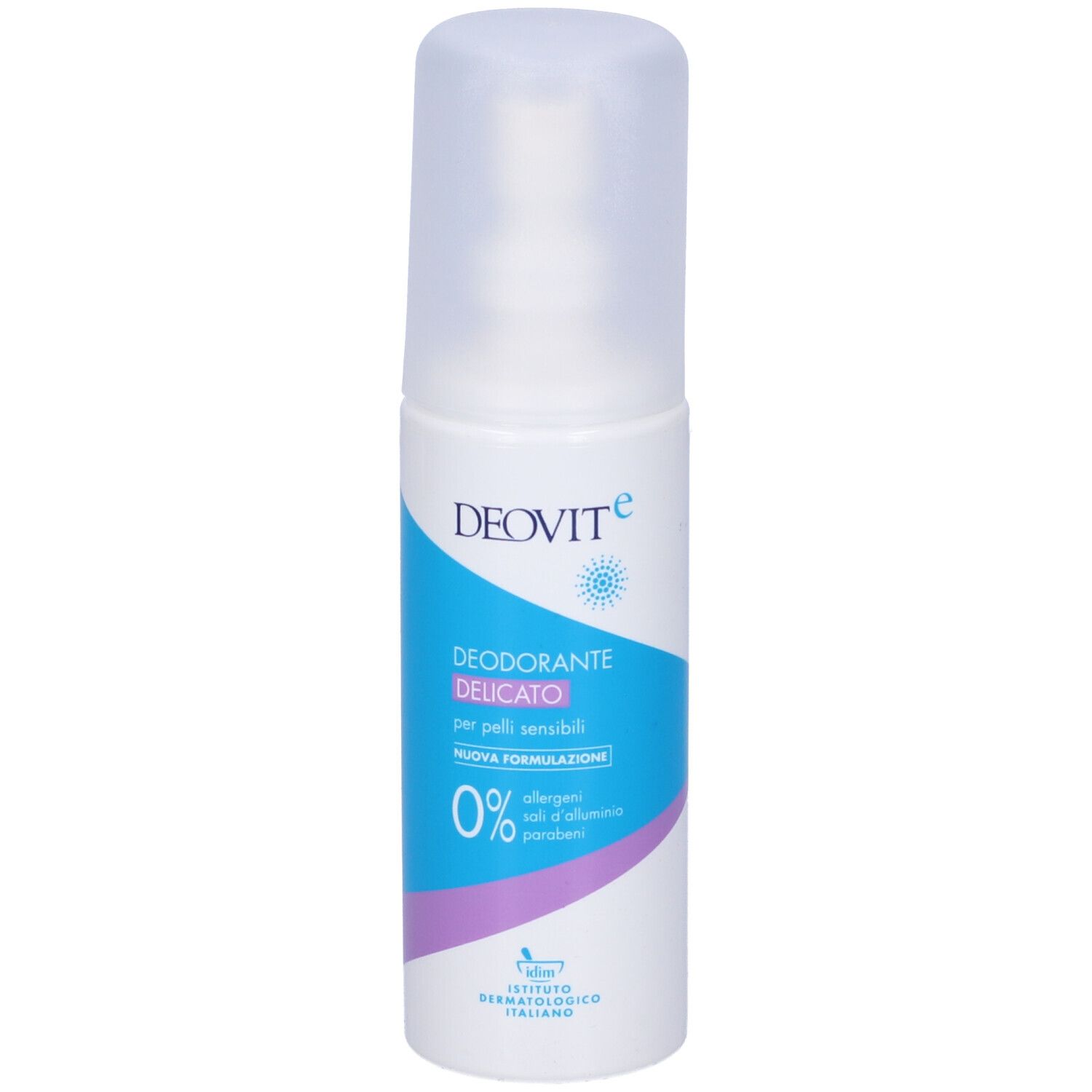 Spray deodorante Deovit Delicato. Flacone bianco con design blu e lilla. Tappo trasparente. Scritta: Deovit, Deodorante Delicato, 0%.