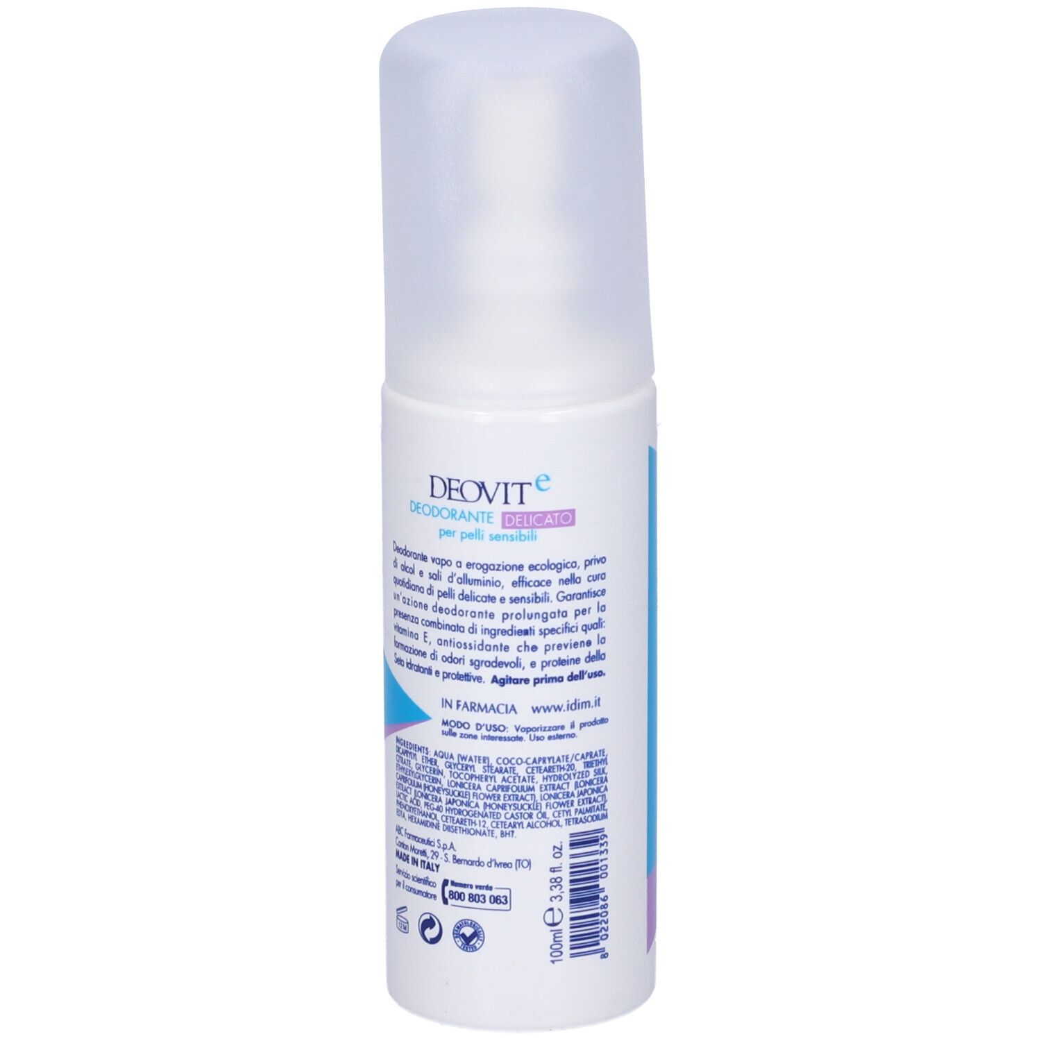 Spray deodorante Deovit Delicato. Flacone bianco con design blu e lilla. Tappo trasparente. Scritta: Deovit, Deodorante Delicato, 0%.