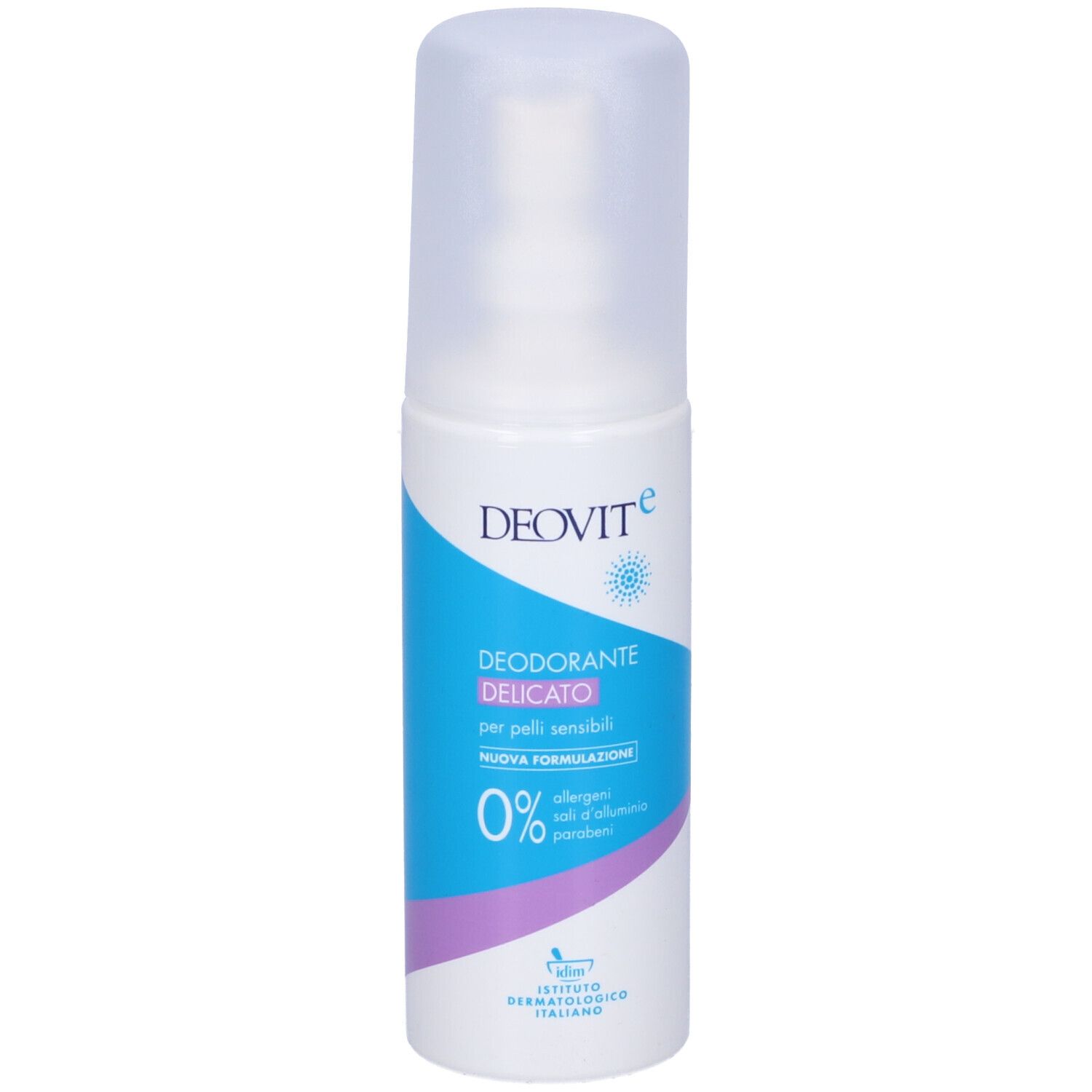 Spray deodorante Deovit Delicato. Flacone bianco con design blu e lilla. Tappo trasparente. Scritta: Deovit, Deodorante Delicato, 0%.