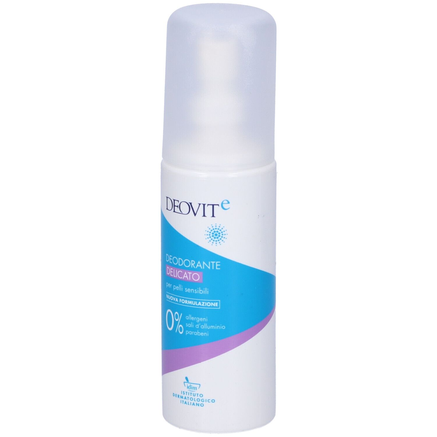 Spray deodorante Deovit Delicato. Flacone bianco con design blu e lilla. Tappo trasparente. Scritta: Deovit, Deodorante Delicato, 0%.