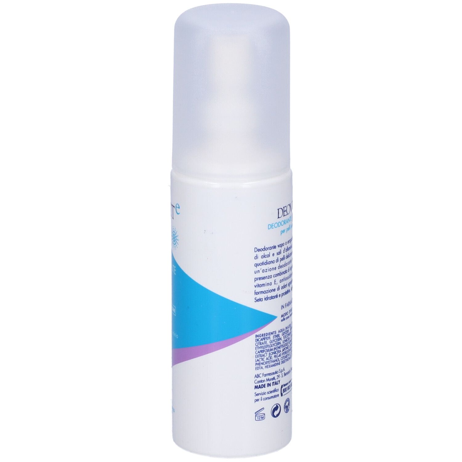 Spray deodorante Deovit Delicato. Flacone bianco con design blu e lilla. Tappo trasparente. Scritta: Deovit, Deodorante Delicato, 0%.
