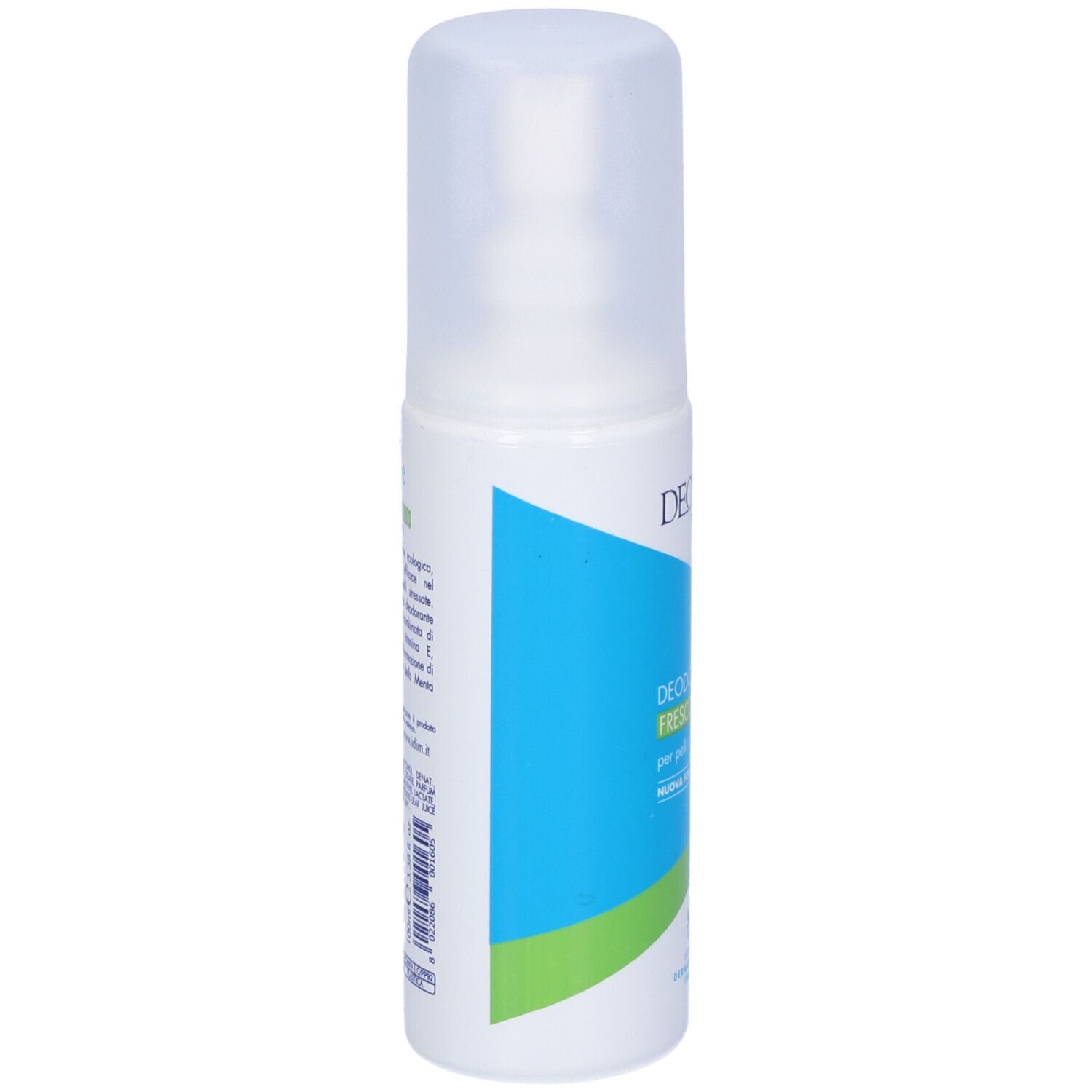 Weiße Sprühflasche mit transparentem Deckel. Blaue und grüne Designelemente auf dem Etikett.