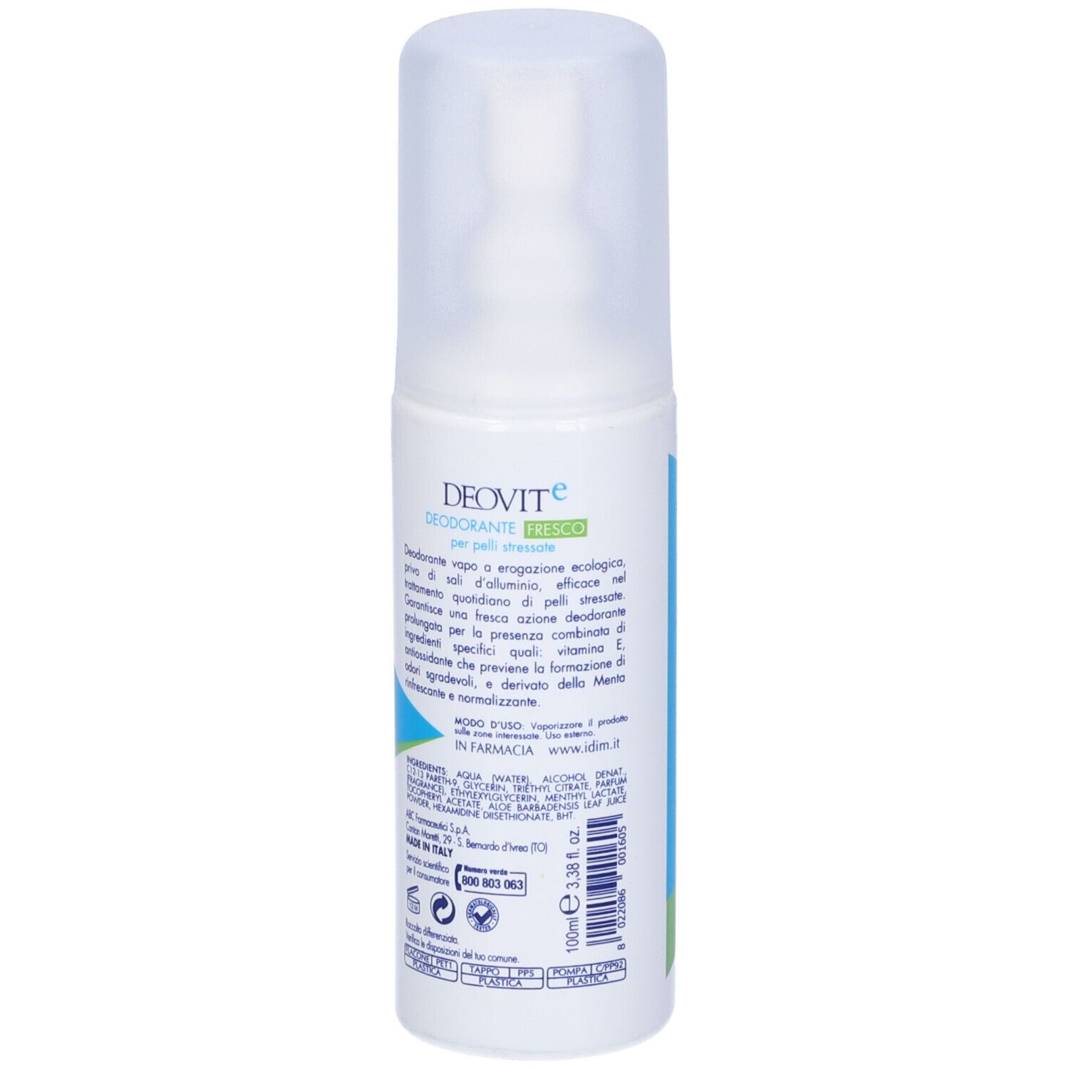 Weiße Sprühflasche mit transparentem Deckel, 100ml. Enthält Deodorant.