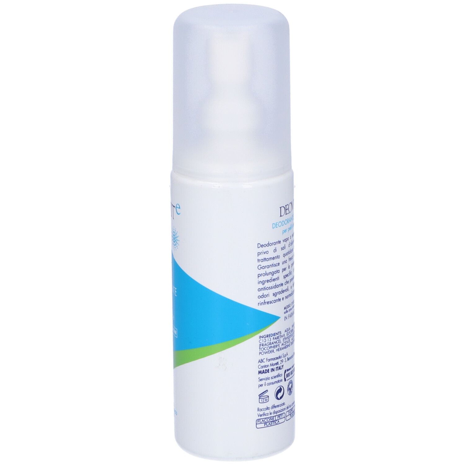 Weiße Sprühflasche mit transparentem Deckel. Blaue und grüne Designelemente. Beschriftung auf Italienisch.