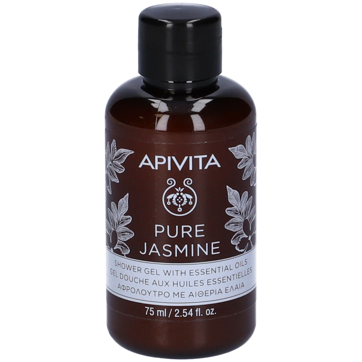 Flacone marrone con tappo nero. Scritta: Apivita Pure Jasmine, gel doccia con oli essenziali. 75 ml.