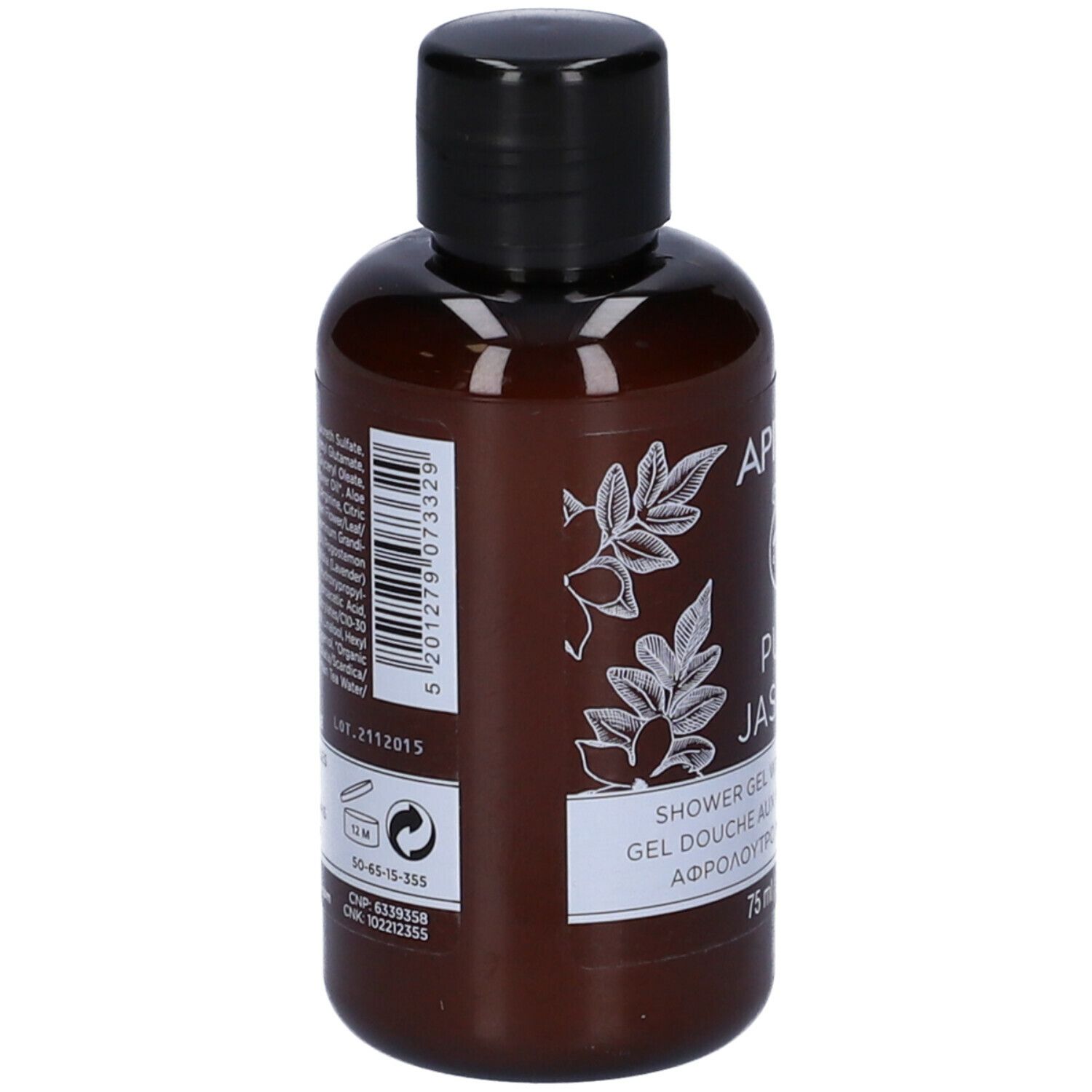 Flacone marrone con tappo nero. Retro con ingredienti e informazioni. 75 ml.