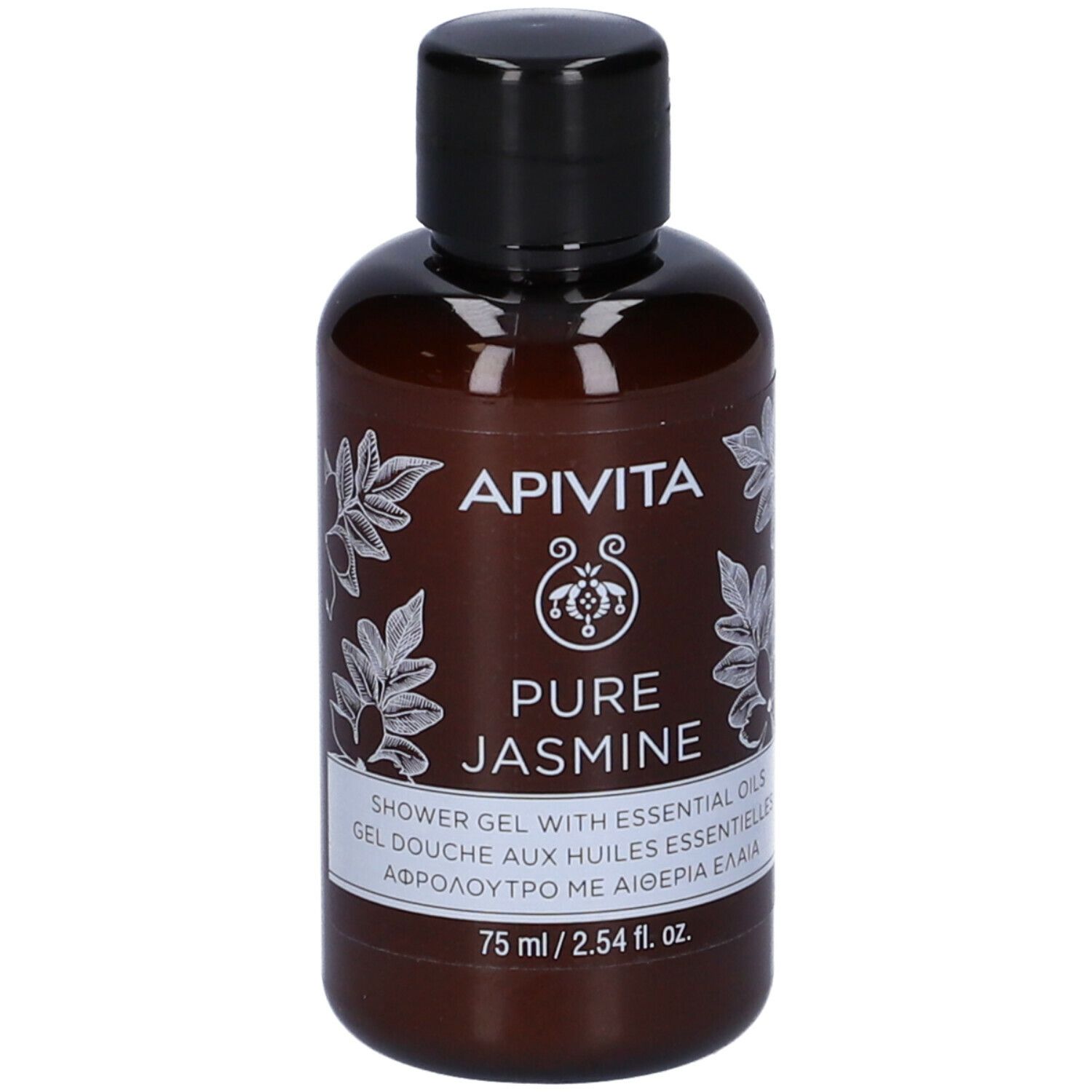 Flacone marrone con tappo nero. Scritta: Apivita Pure Jasmine, gel doccia con oli essenziali. 75 ml.