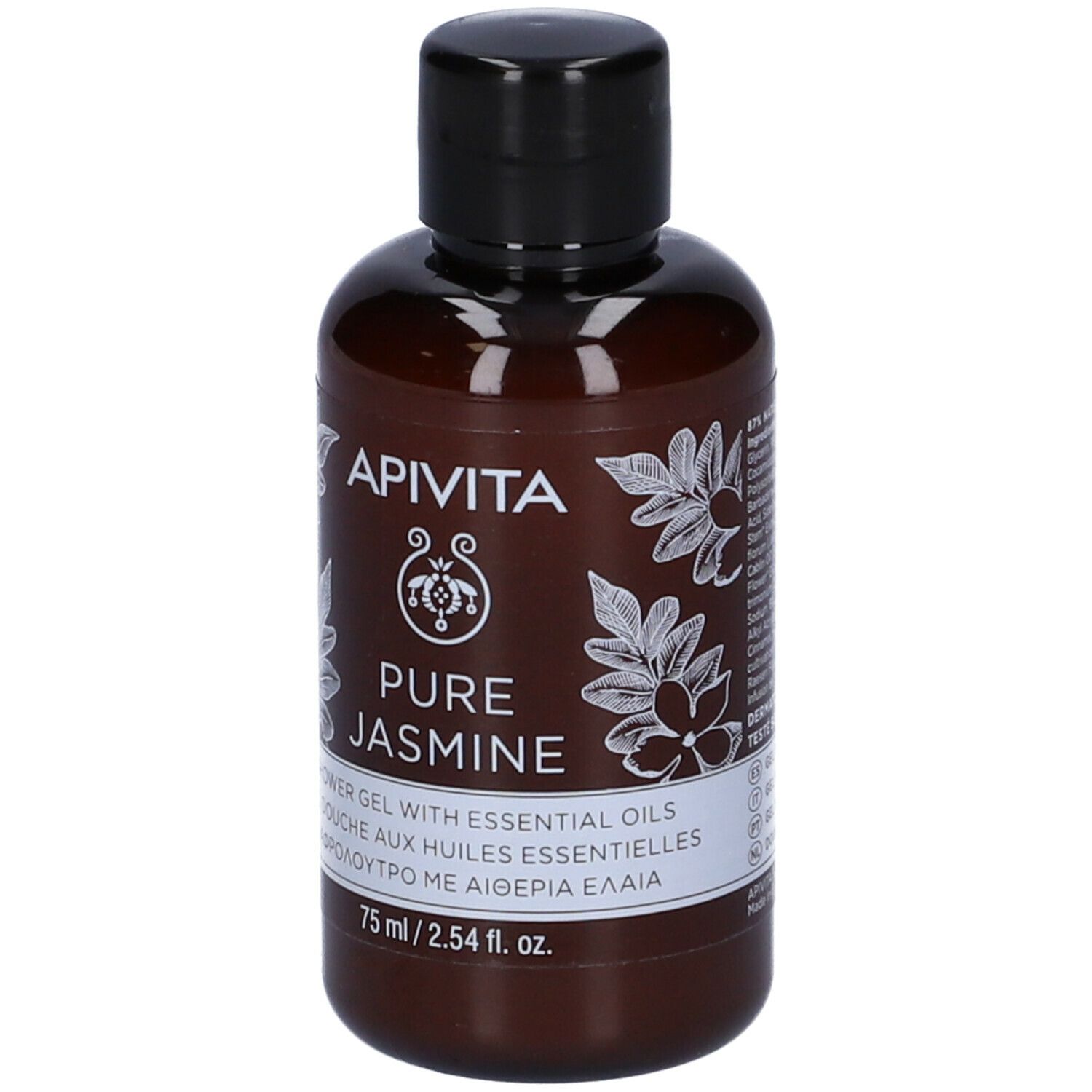 Flacone marrone con tappo nero. Scritta: Apivita Pure Jasmine, gel doccia con oli essenziali. 75 ml.