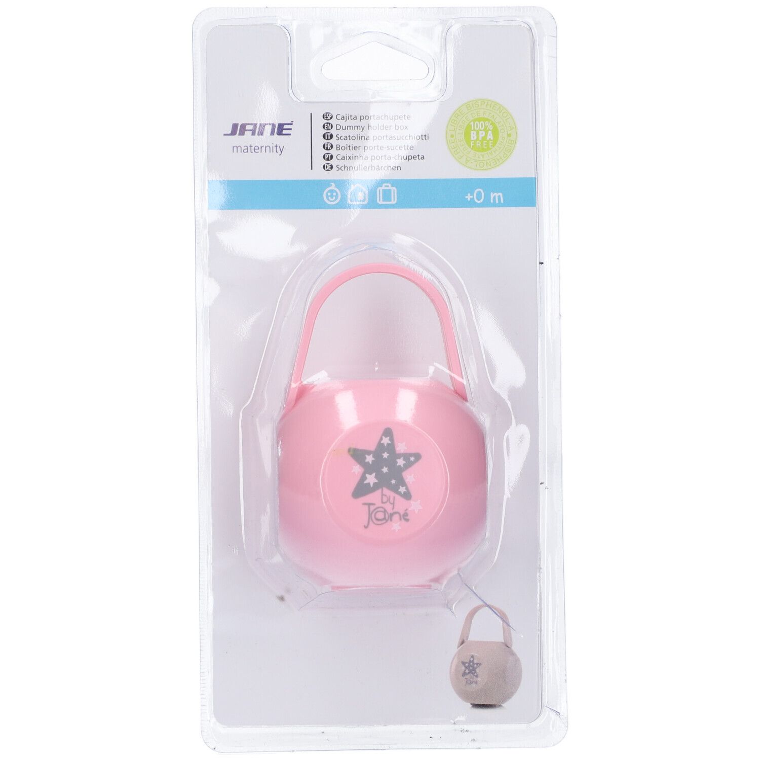 Porta succhietto rosa con motivo a stella, confezionato in blister. Marchio Jane, senza BPA.