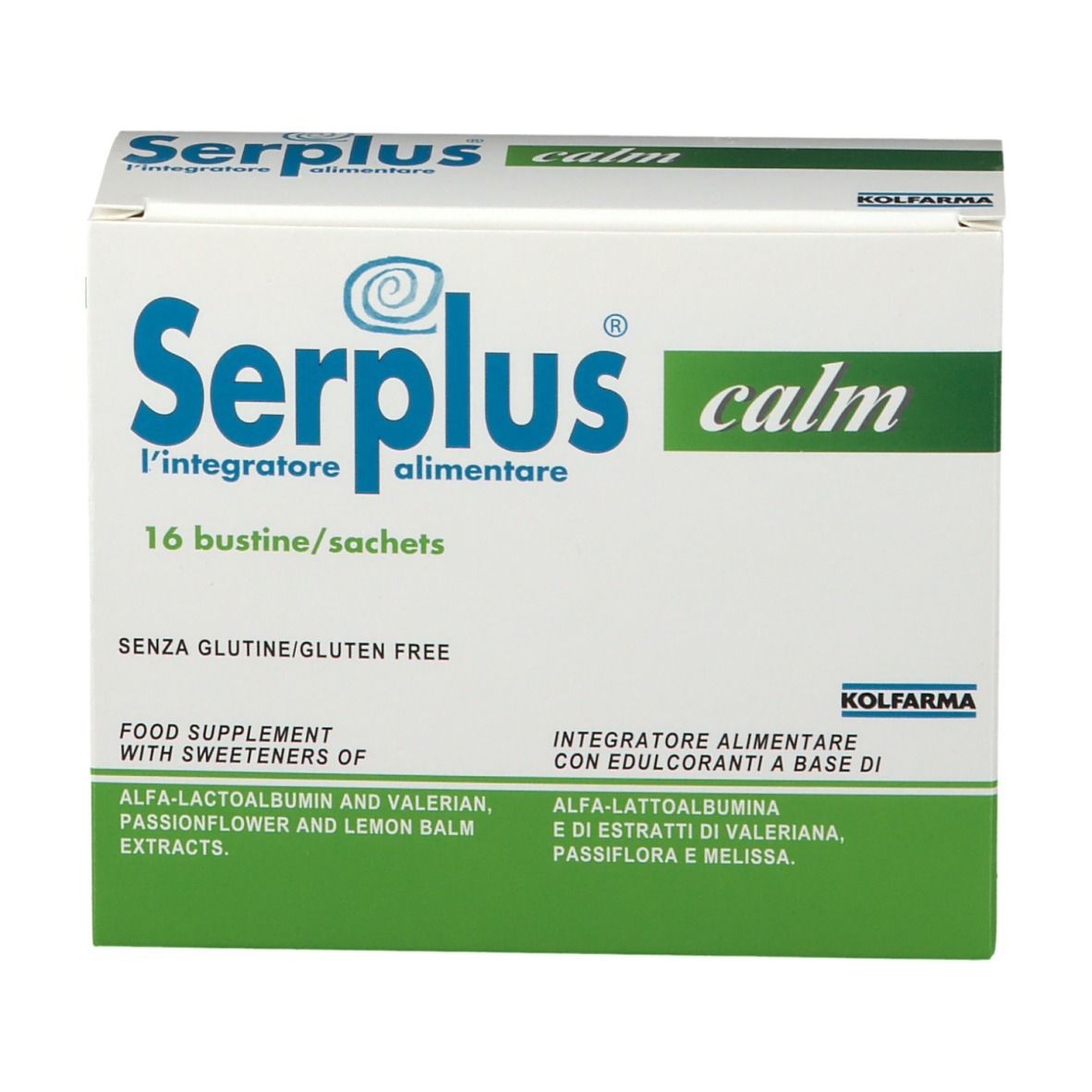 Scatola di Serplus calm. Scritto: 16 bustine. Contiene estratti di alfa-lattoalbumina, valeriana, passiflora e melissa. Senza glutine.