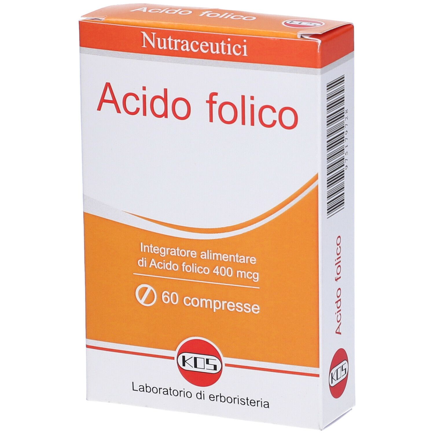 Schachtel mit "Acido folico"-Tabletten. Orange-weiße Verpackung mit Text und Logo. 60 Tabletten.
