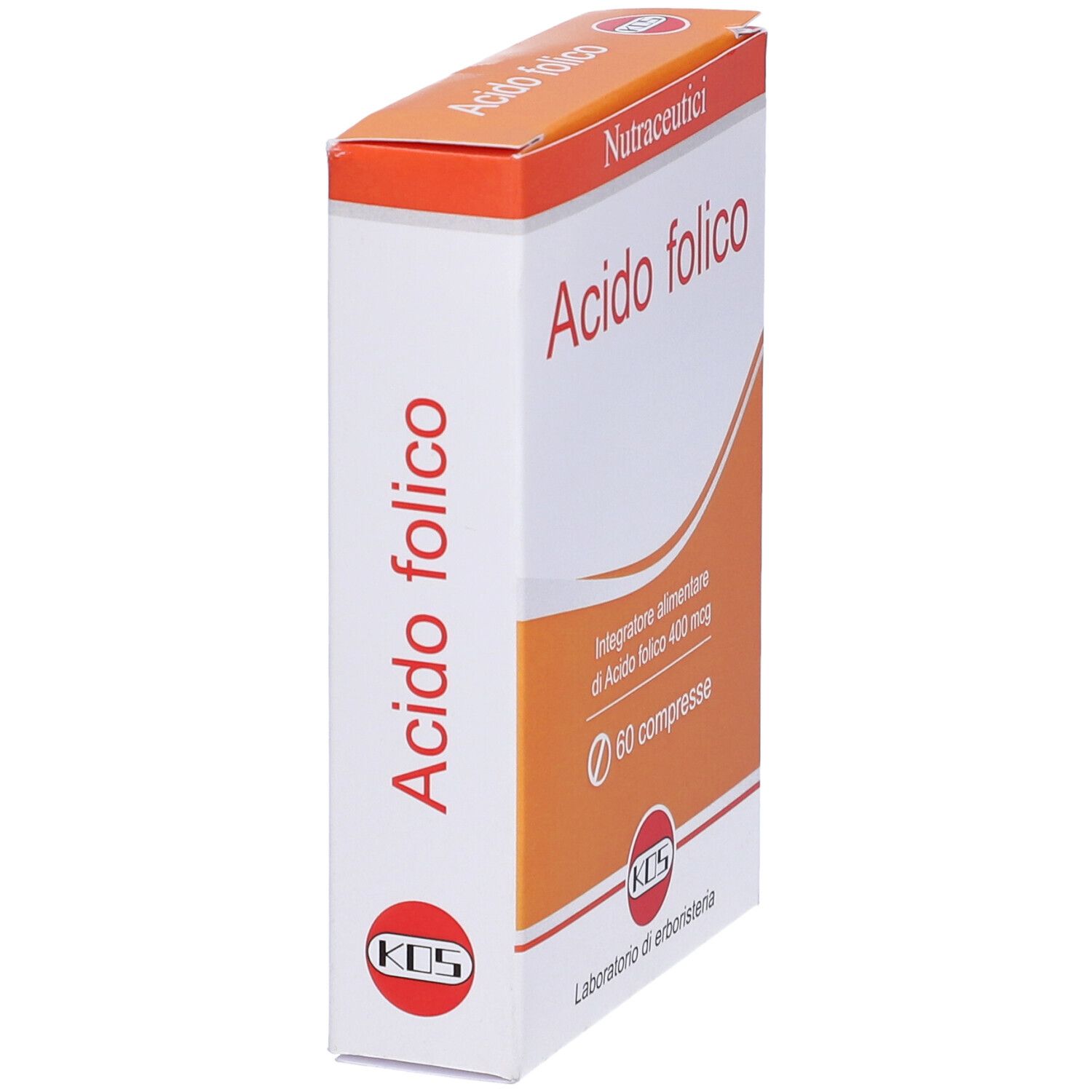 Schachtel mit "Acido folico"-Tabletten. Orange-weiße Verpackung mit Text und Logo. 60 Tabletten.