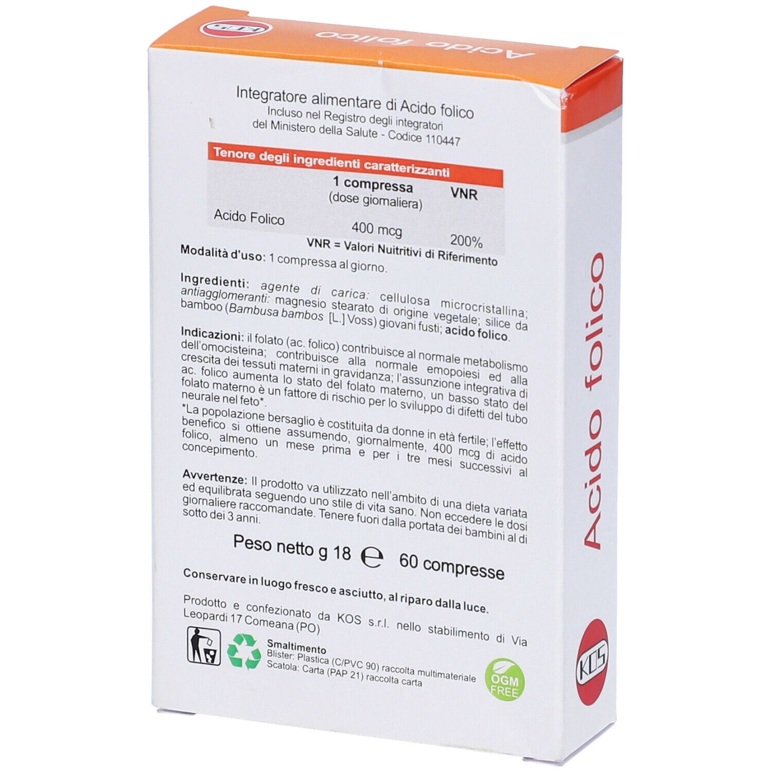 Rückseite der "Acido folico"-Tabletten-Schachtel. Text, Inhaltsstoffe, Nährwertangaben, Logo.