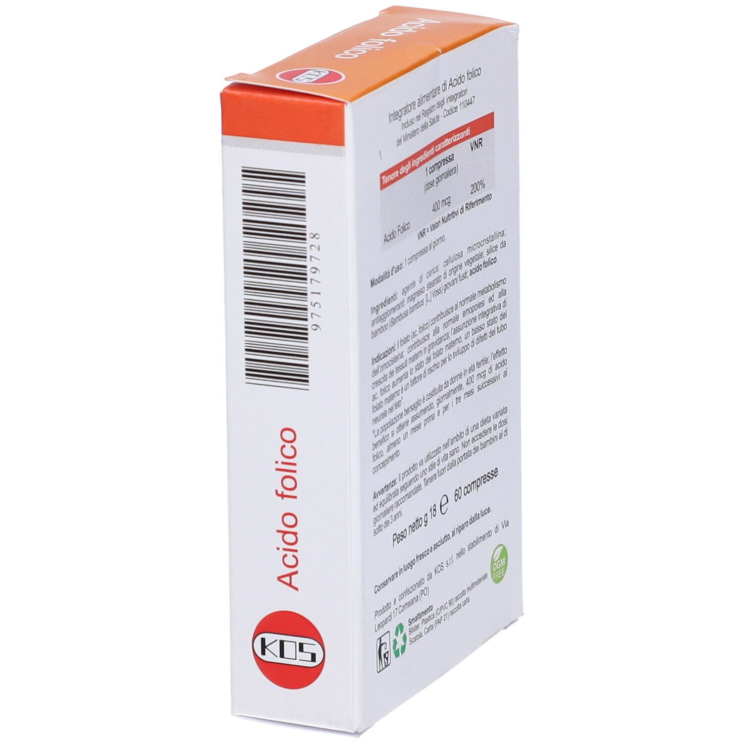 Seite der "Acido folico"-Tabletten-Schachtel. Barcode, Text, Logo.